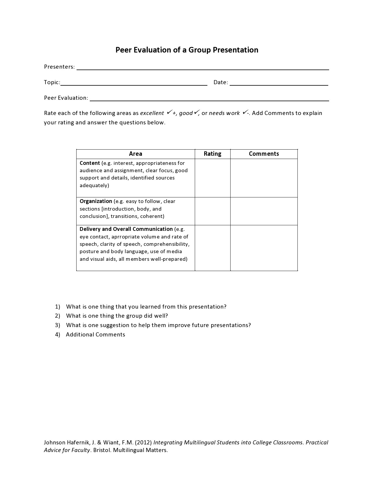 student presentation peer review form