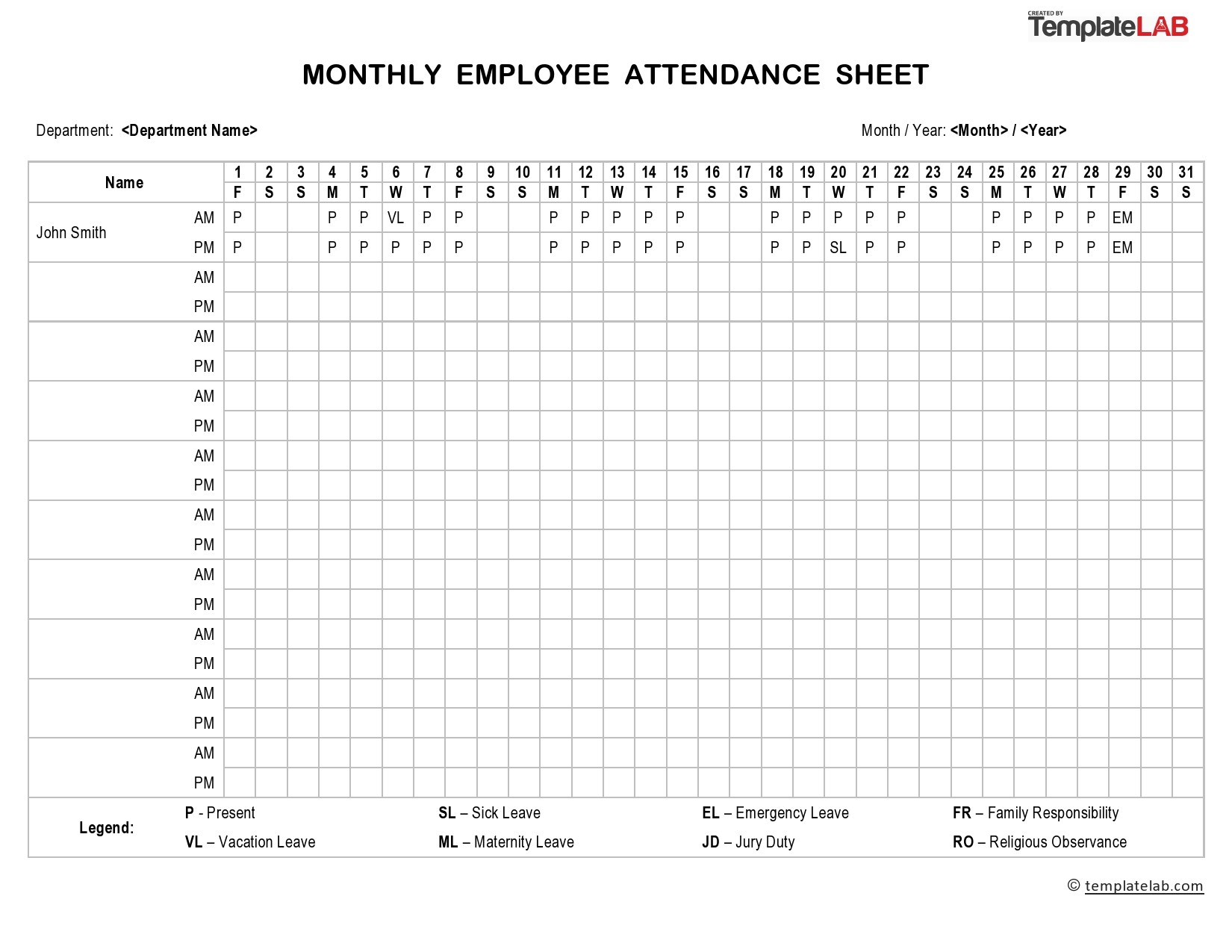 Free Employee Attendance Sheet (Monthly)