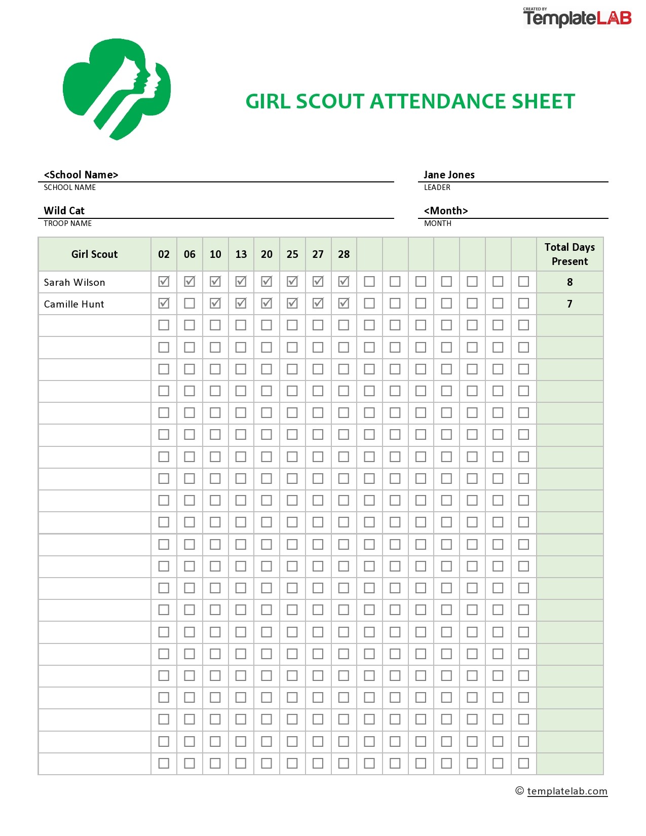 Free Girl Scout Attendance Sheet  - TemplateLab.com