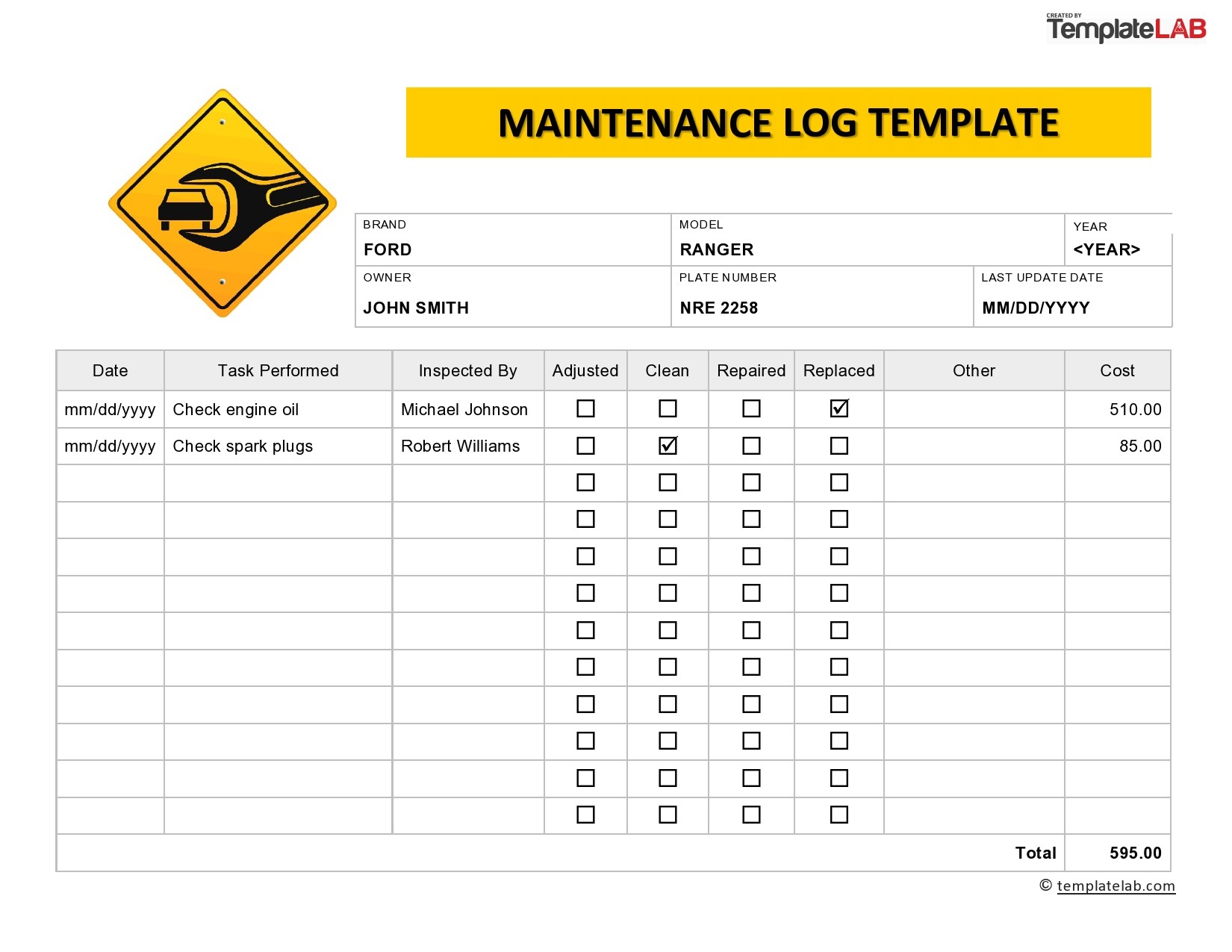 Free Maintenance Log Template 02