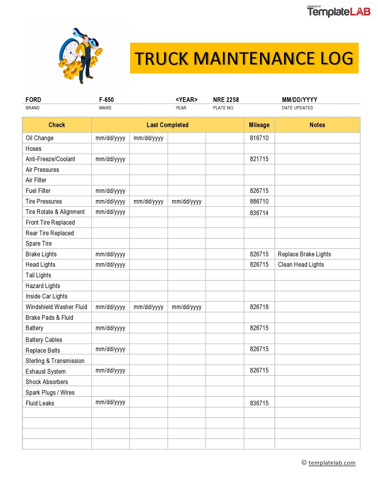 Free Truck Maintenance Log 02 - TemplateLab.com