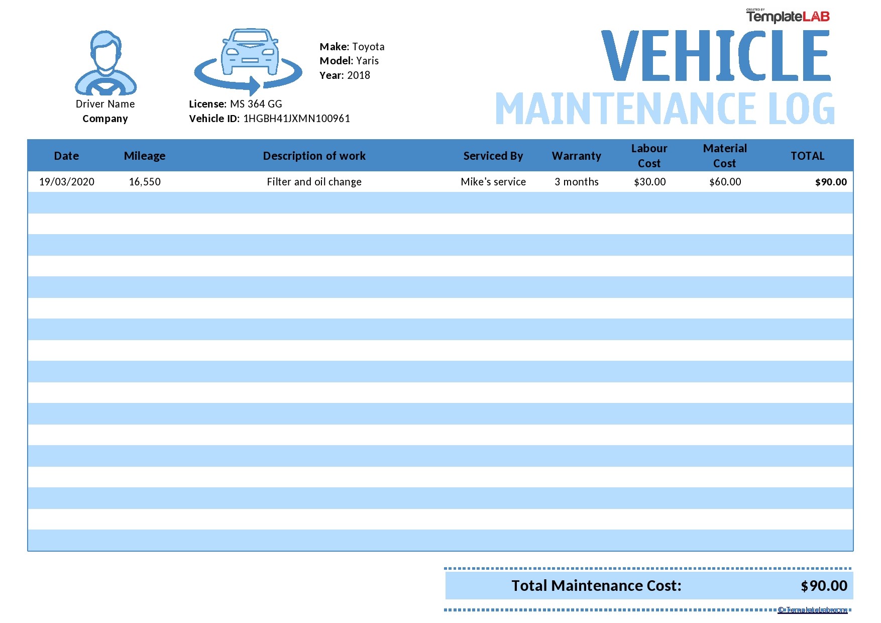 Registro de mantenimiento del vehículo gratuito - TemplateLab.com
