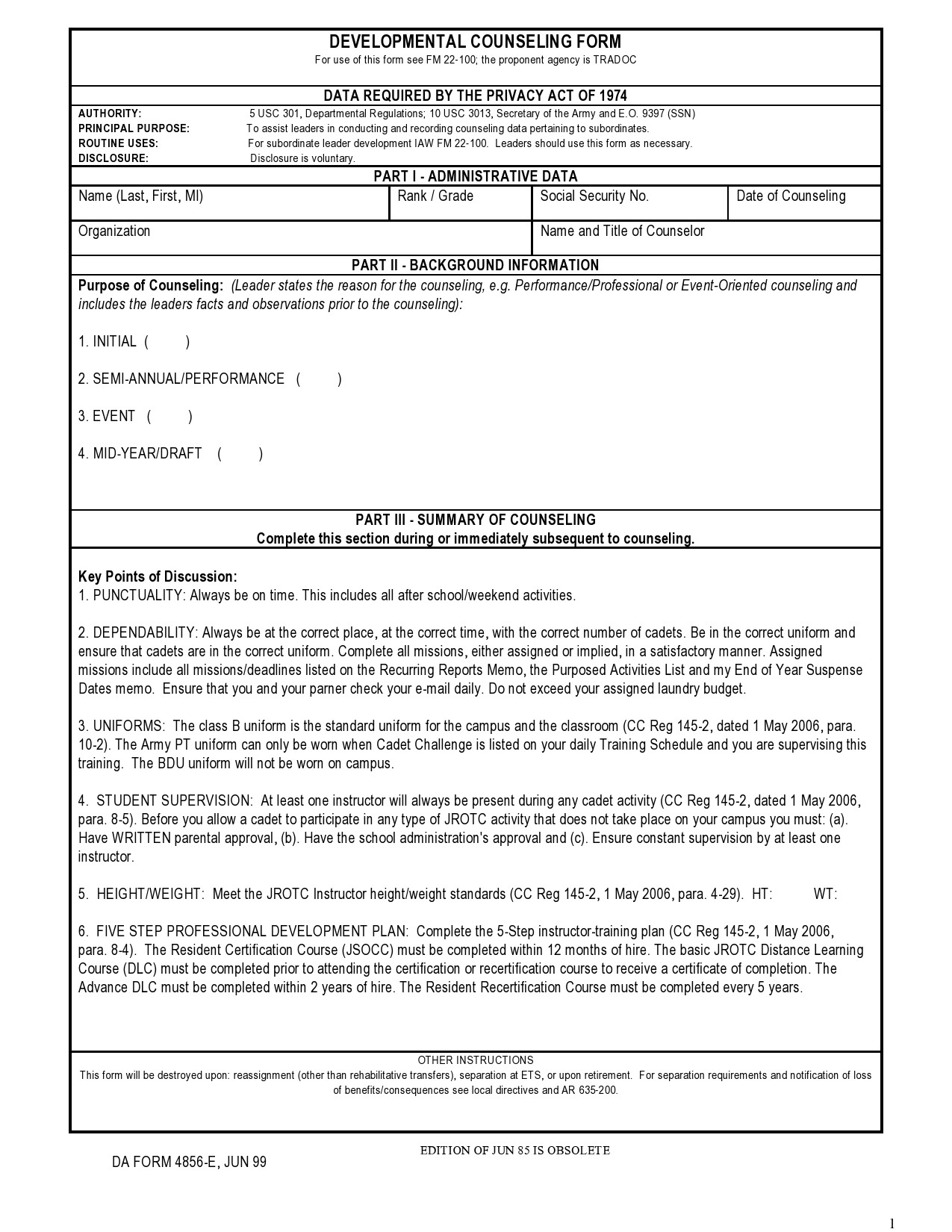 Free army counseling form 29