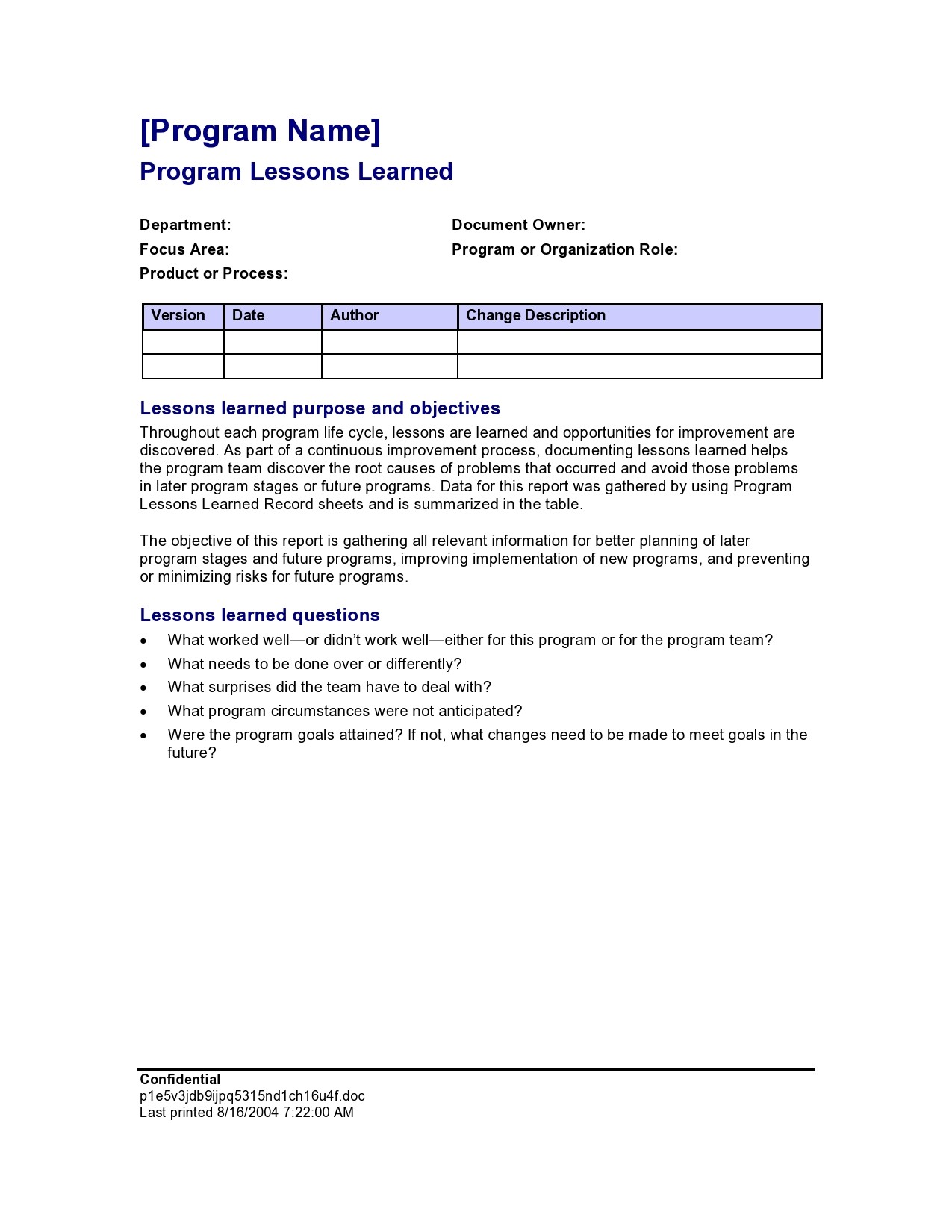 Free lessons learned template 10