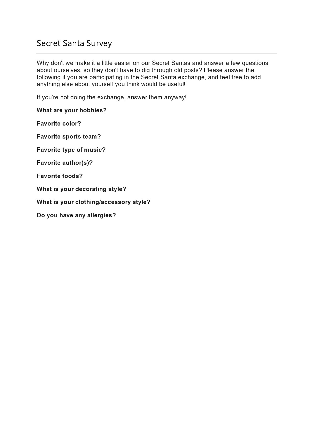 Free secret santa questionnaire 21