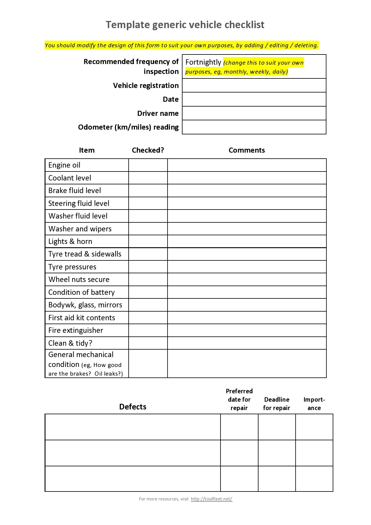Printable Vehicle Inspection Form