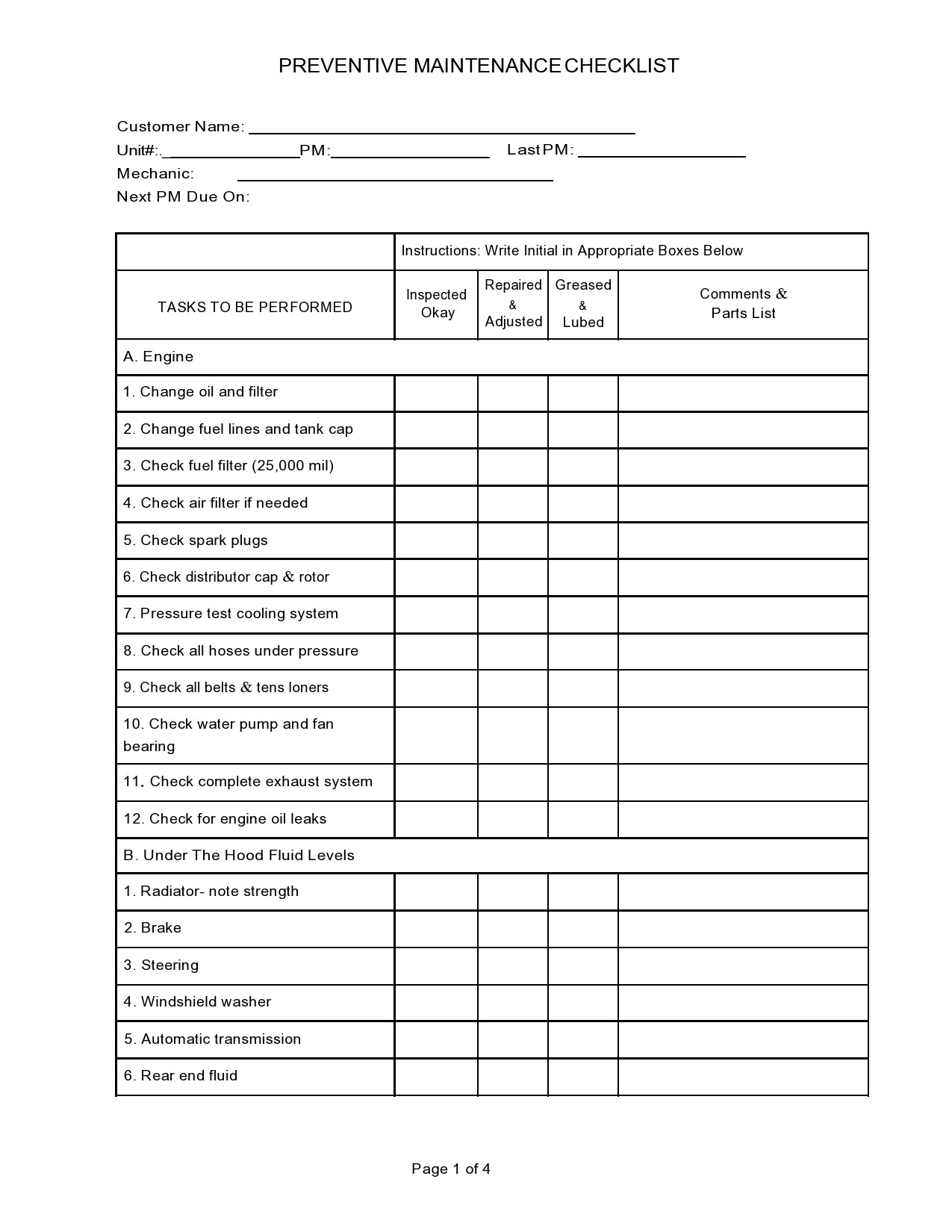 car maintenance mileage checklist