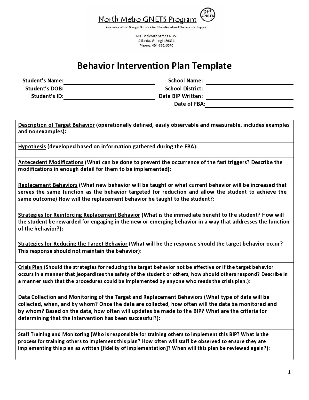 Behavior Modification Plan Template