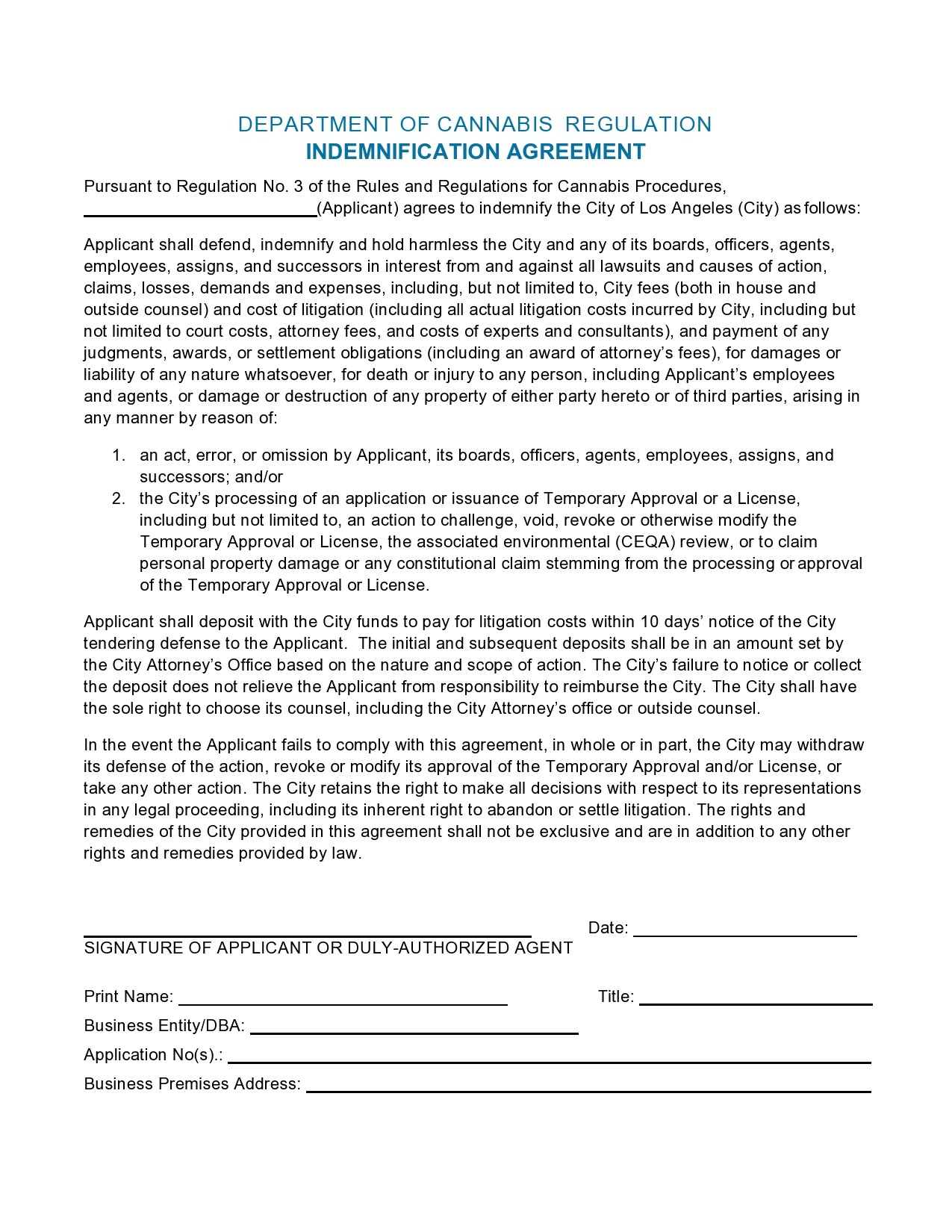 Free indemnification agreement 09