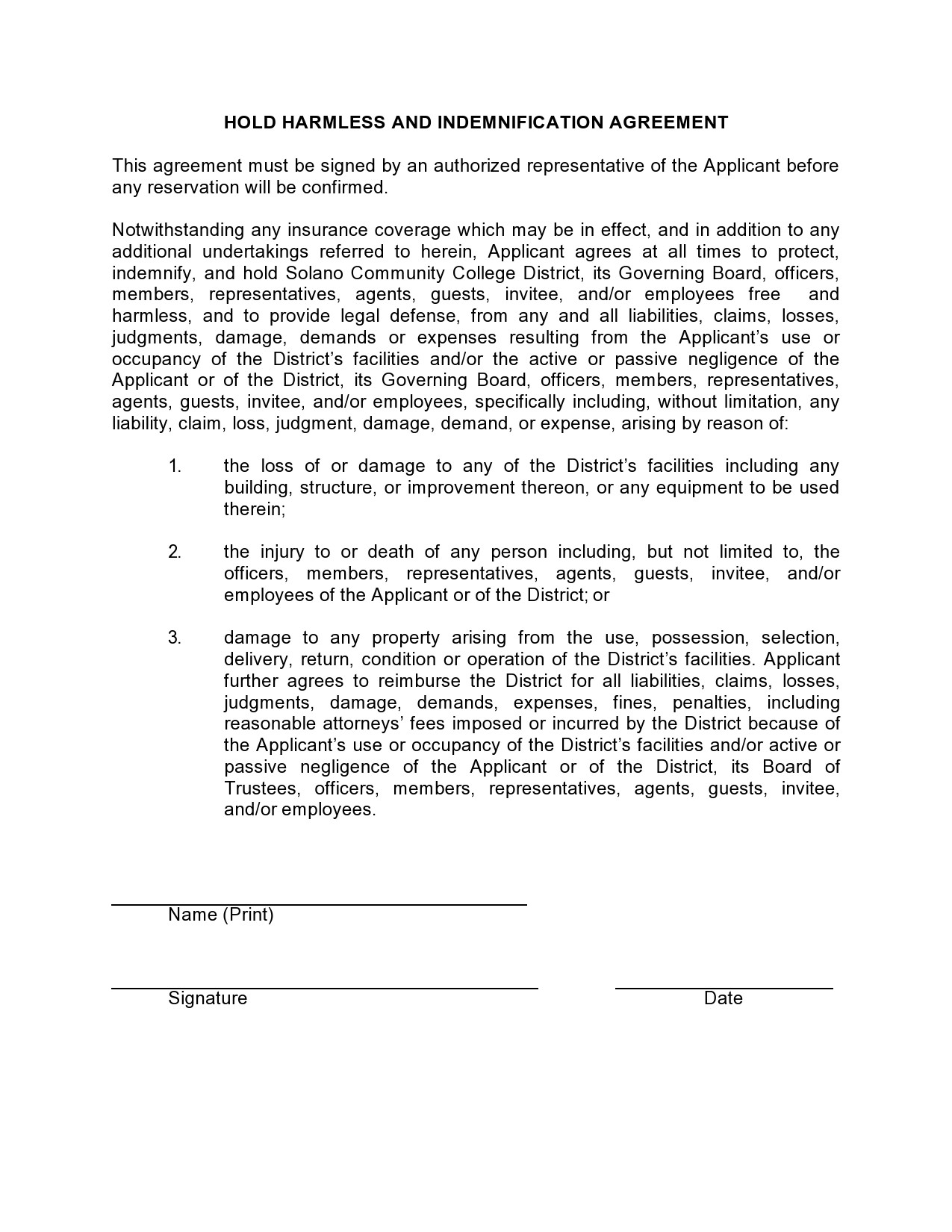 Free indemnification agreement 18