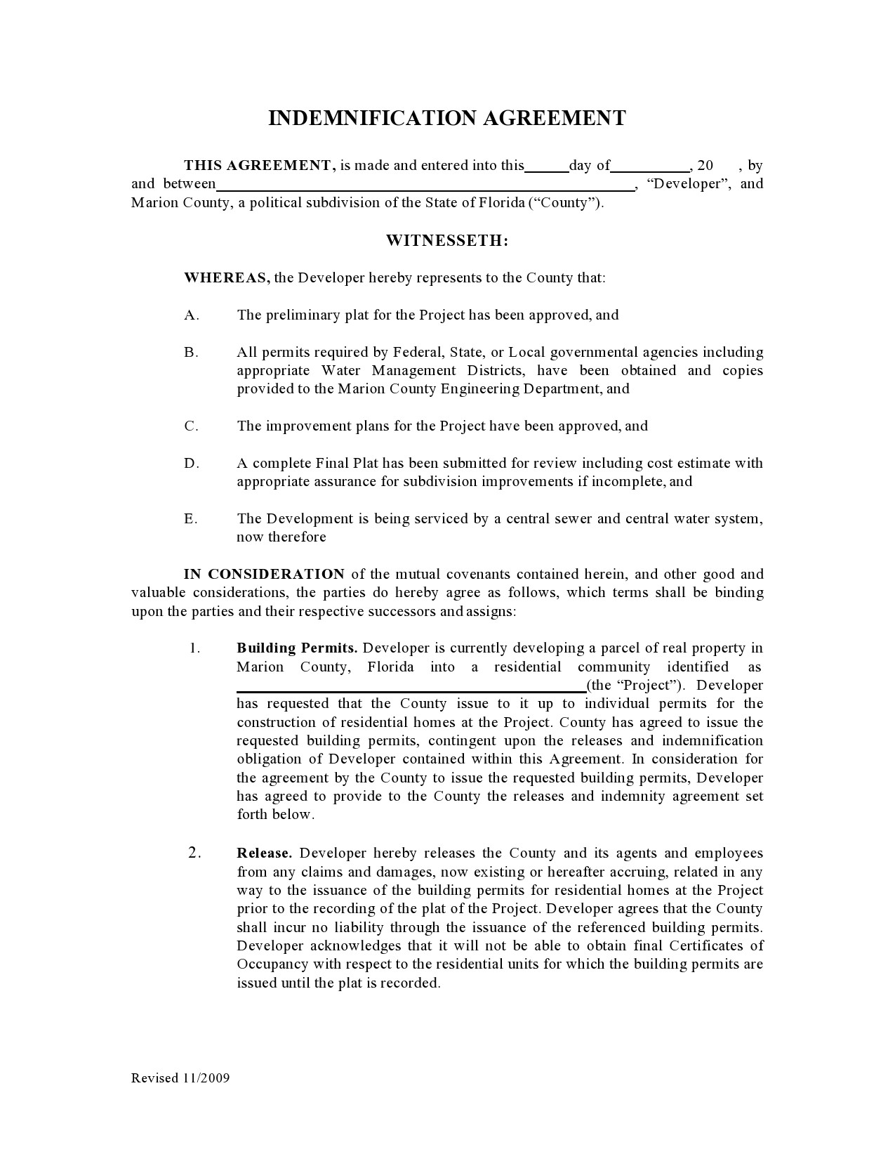 Free indemnification agreement 20