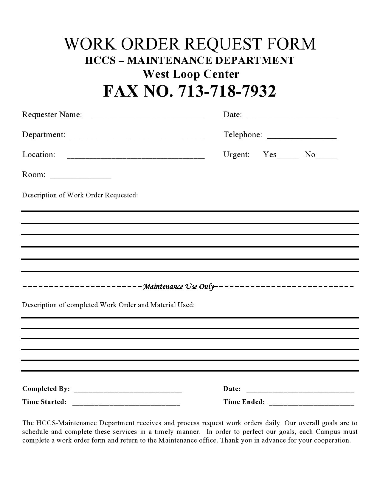 Tenant Work Order Request Form