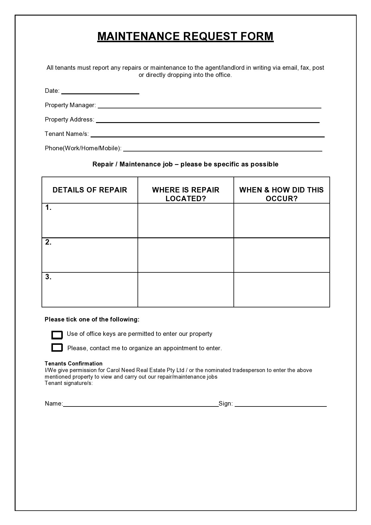 Printable Tenant Maintenance Request Form Template Free Printable 