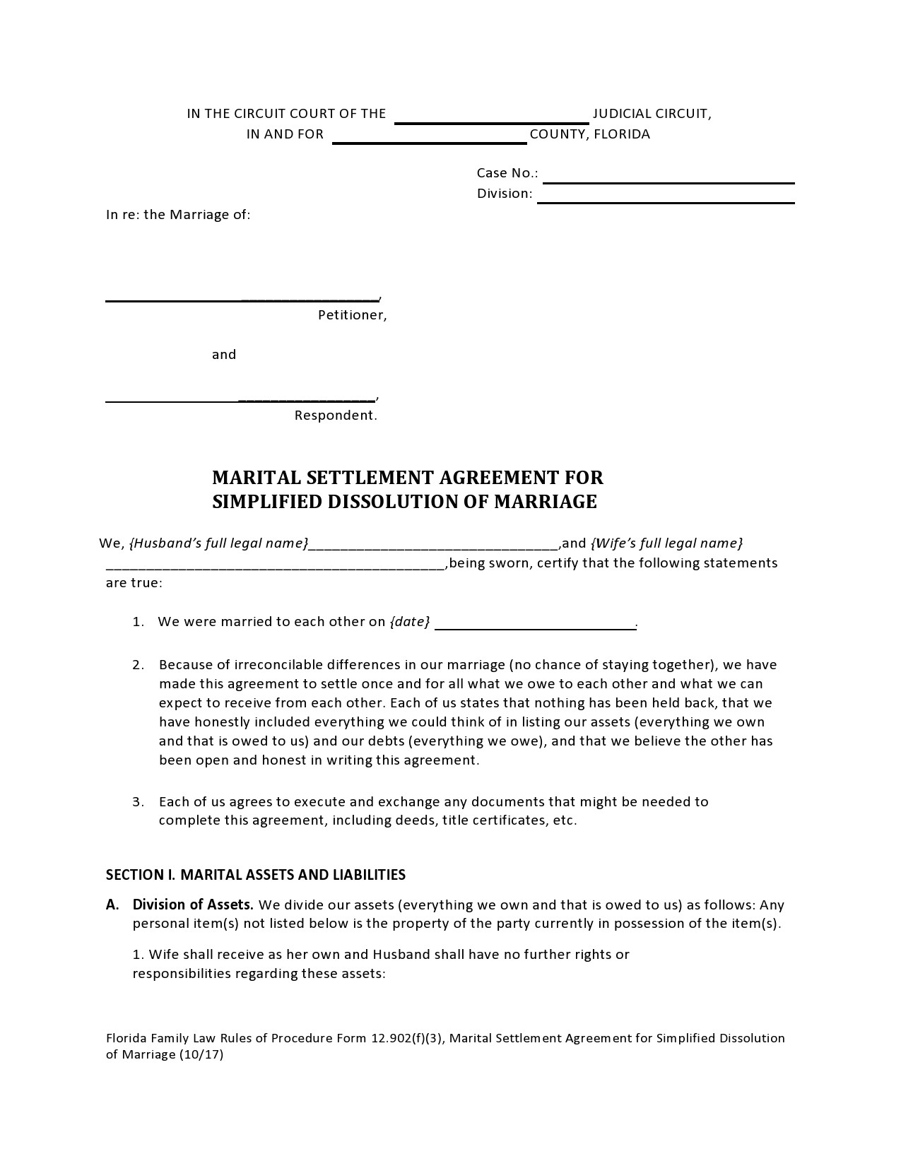 Marital Settlement Agreement Template California