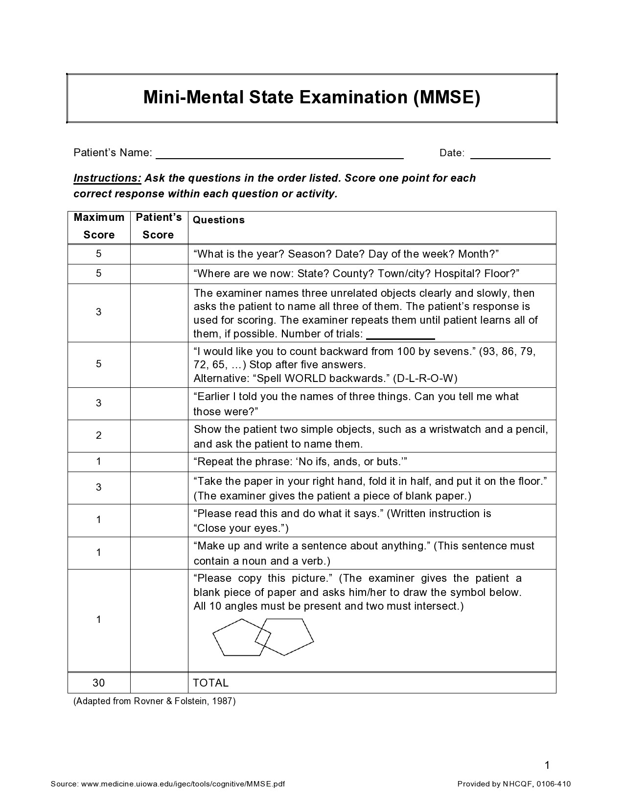 Mini Mental Status Examination Printable