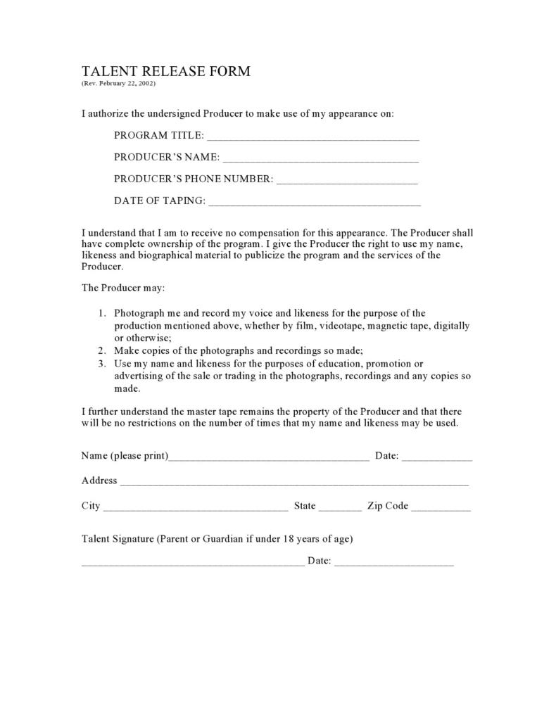 48 Talent Release Form Templates [Photo / Video] ᐅ TemplateLab
