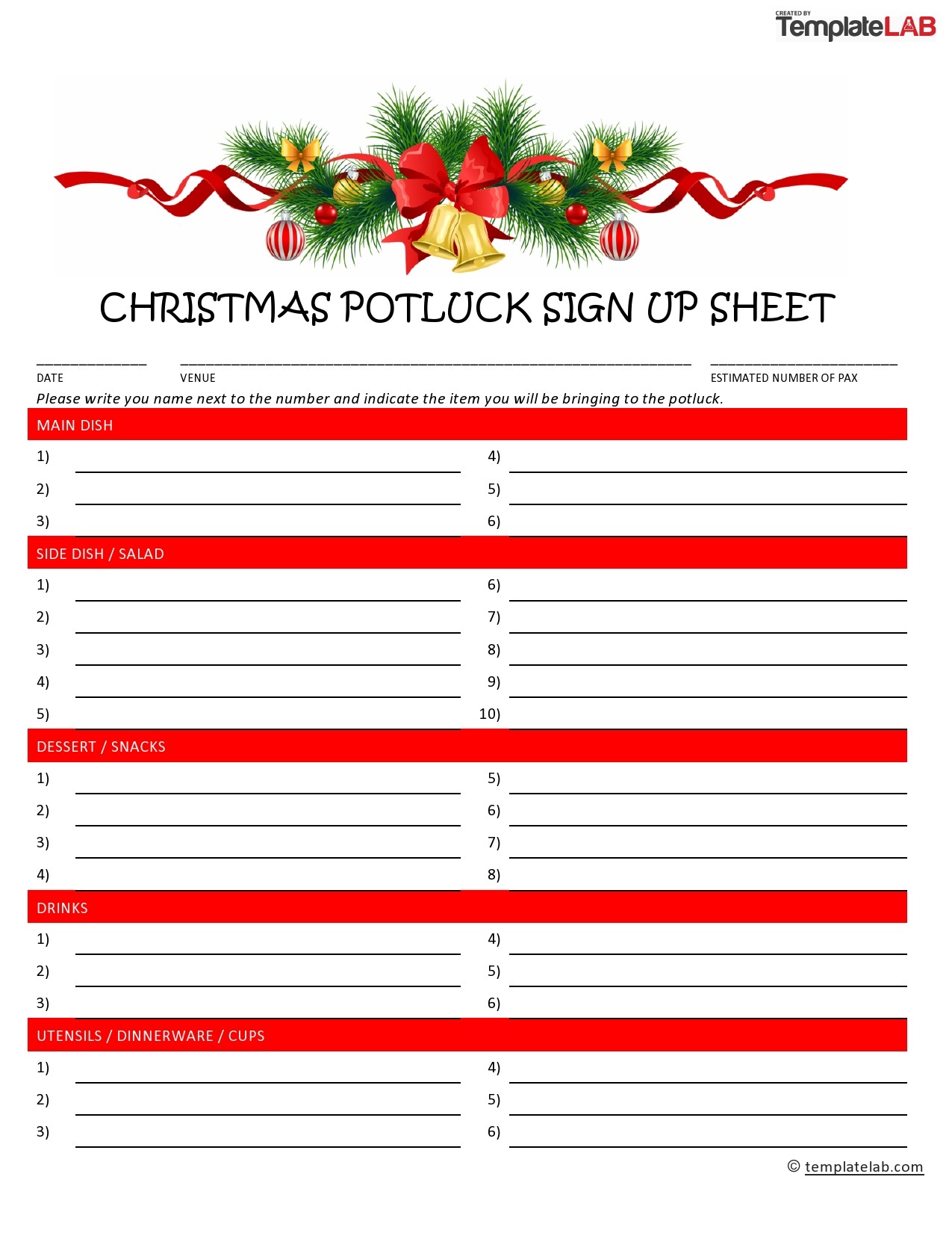 Christmas Potluck Sign Up Sheet Free Printable Printable Templates
