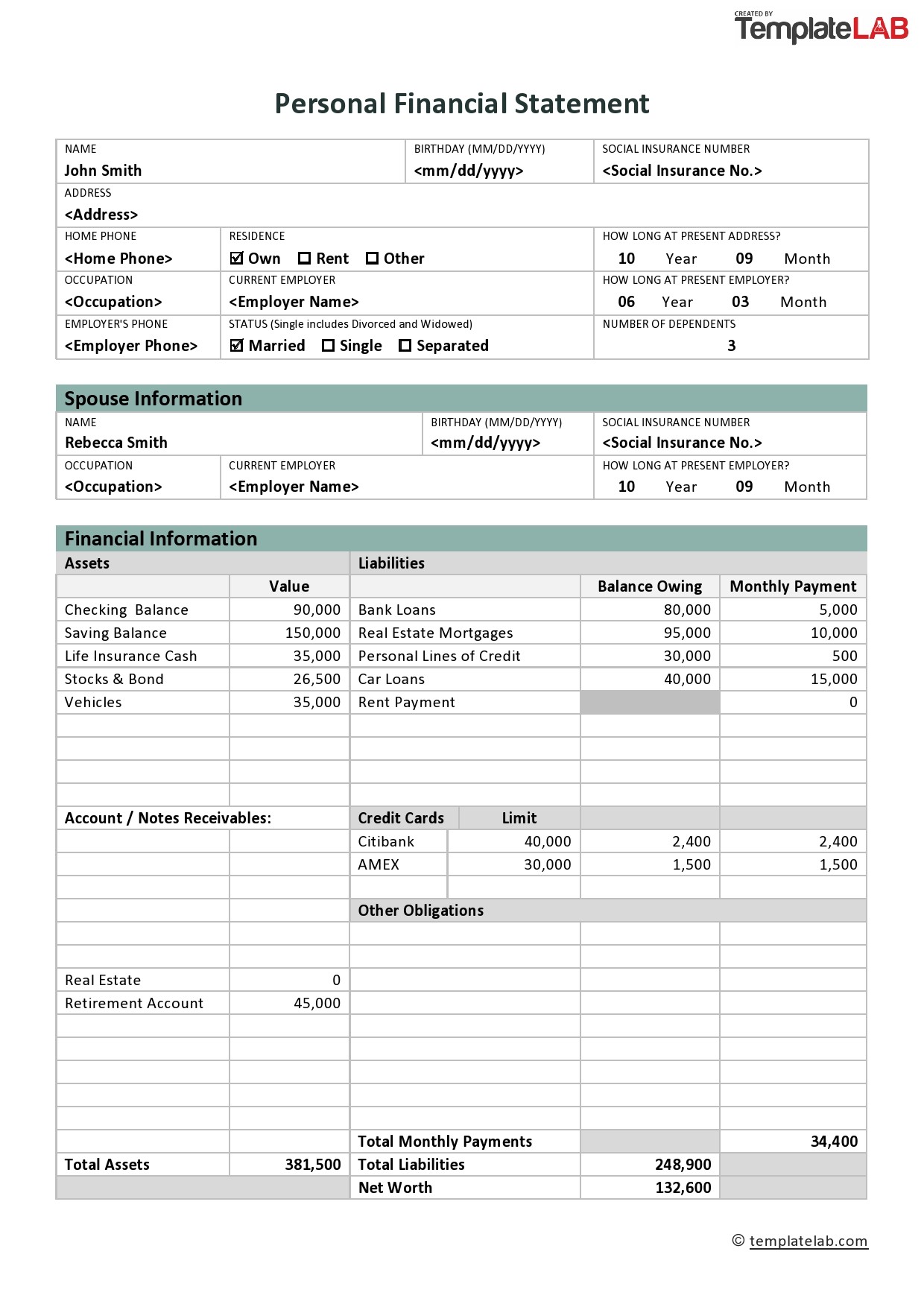 40 Personal Financial Statement Templates Forms TemplateLab