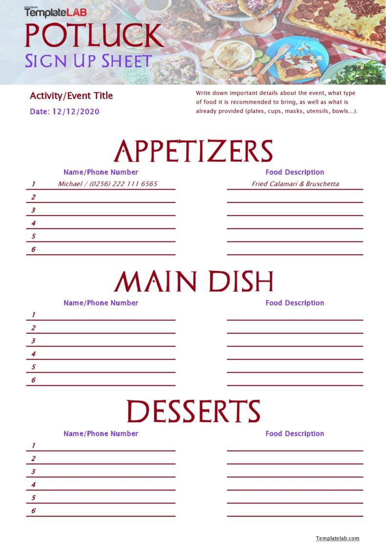 Sign Up Sheet For Potluck Template