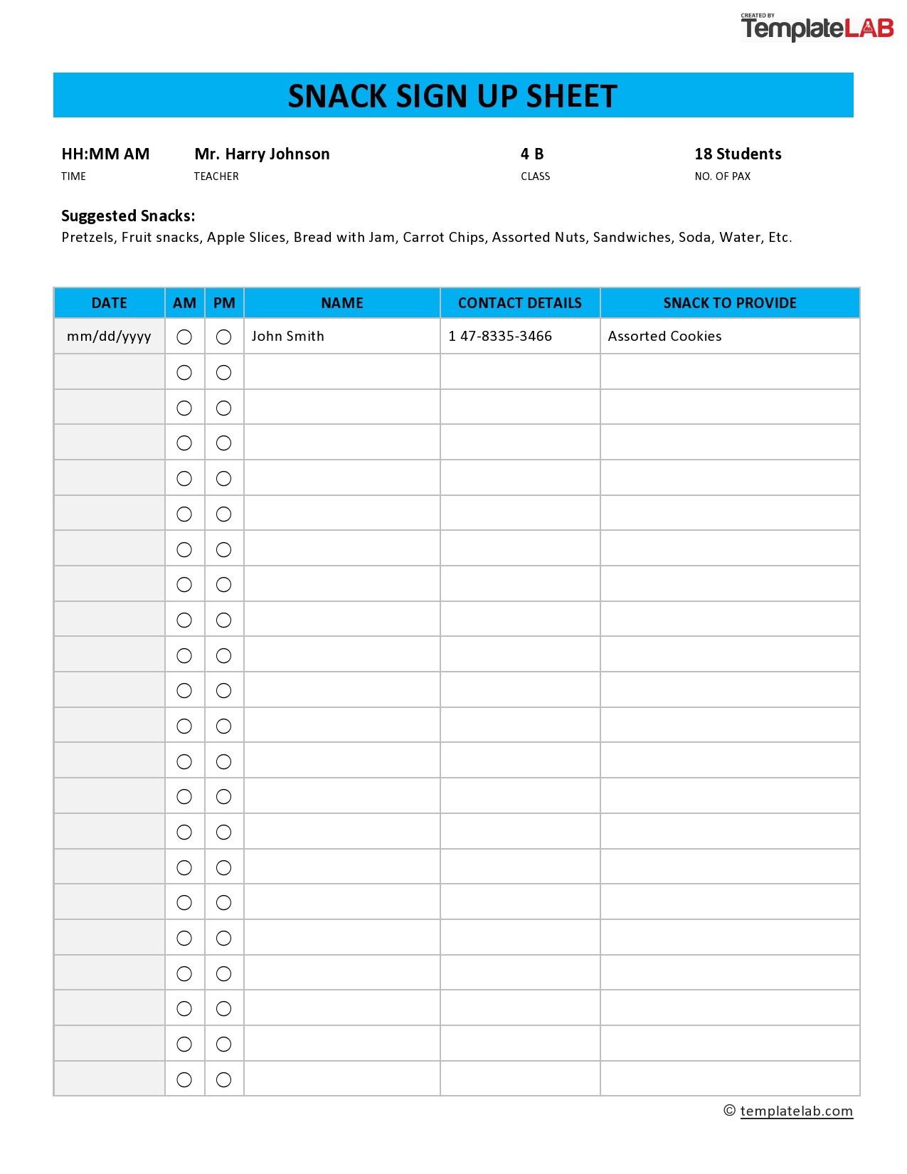 Free Snack Sign Up Sheet