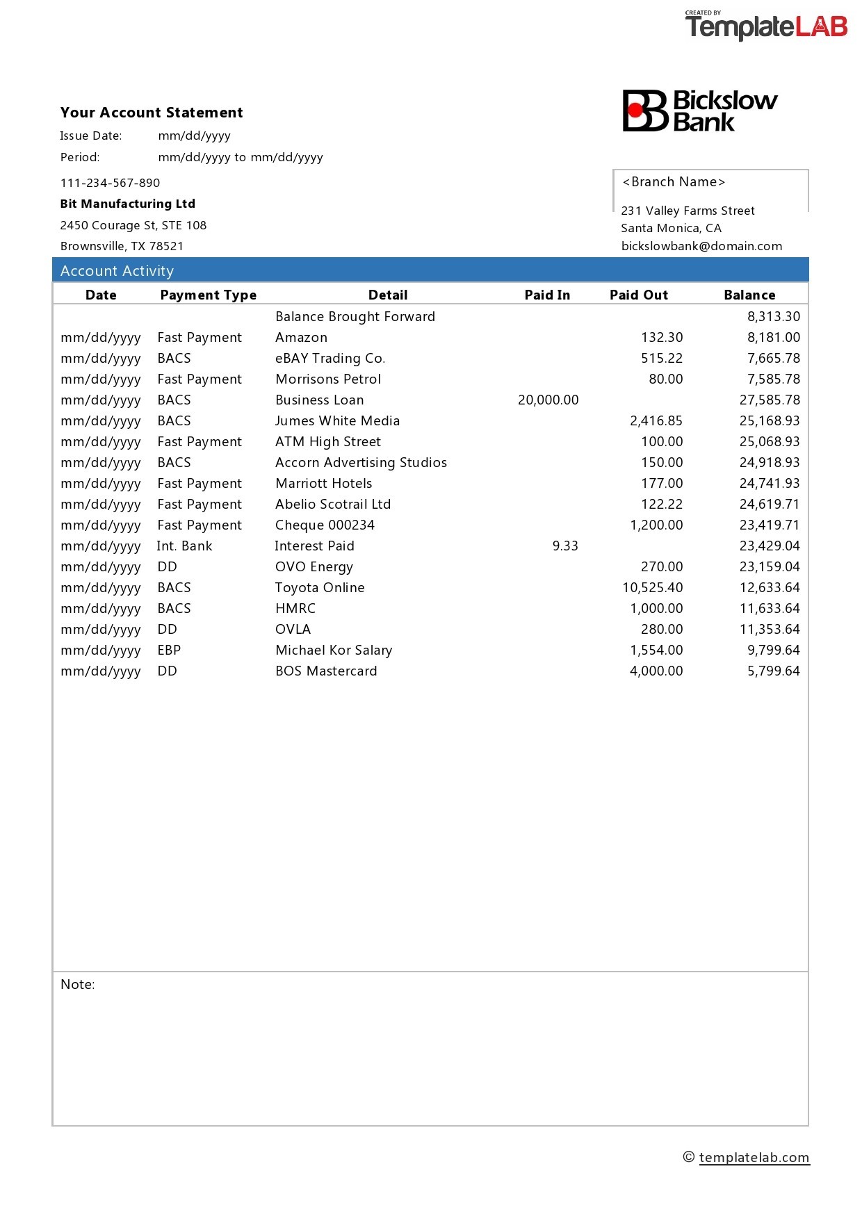 Bank Account Statement Template