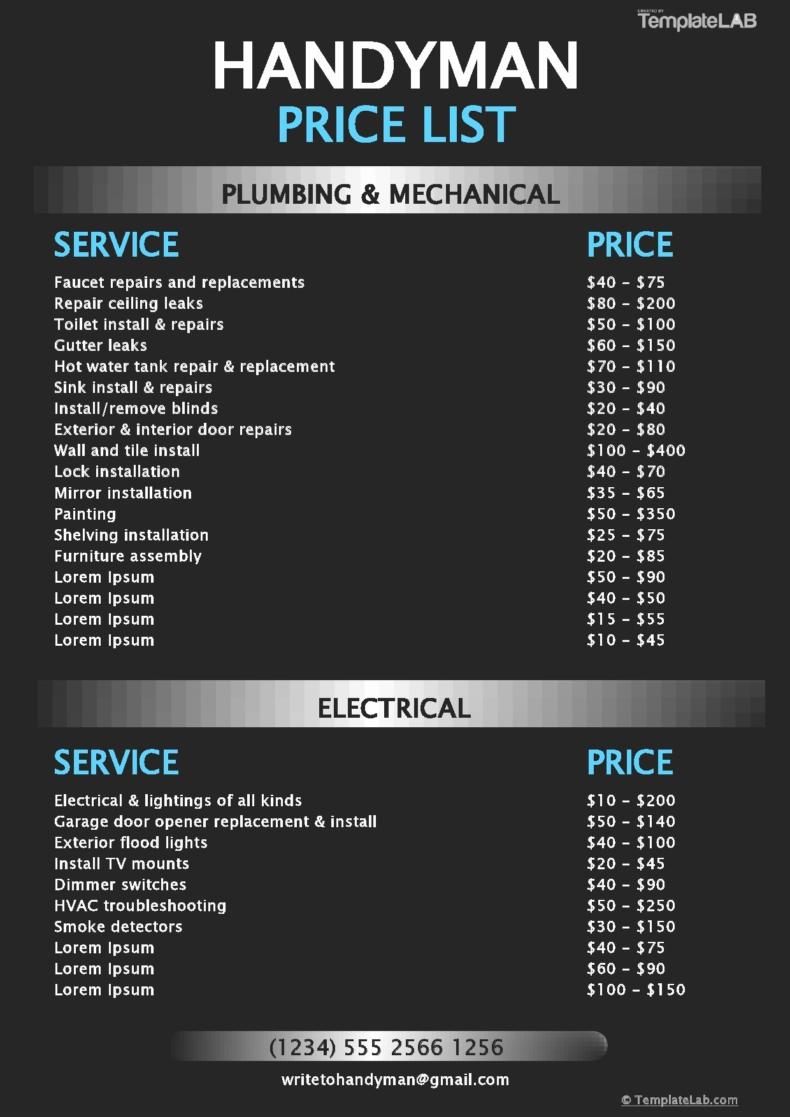 Detailing Price List Template
