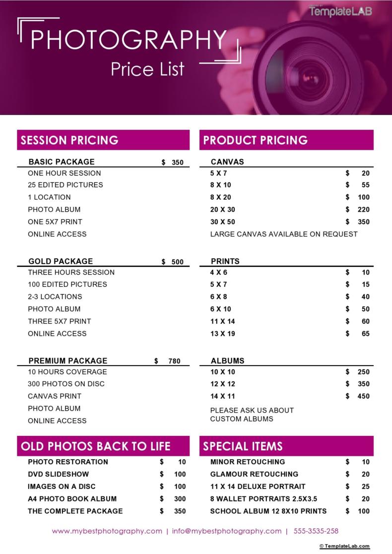 Sports Photography Price List Template