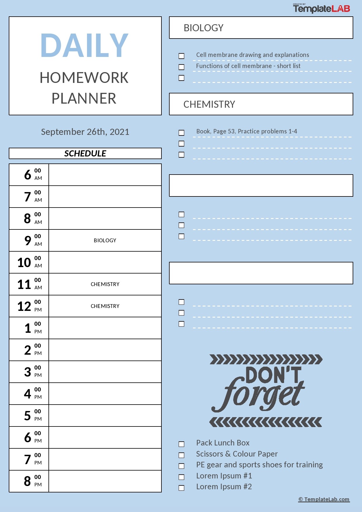 homework agenda template