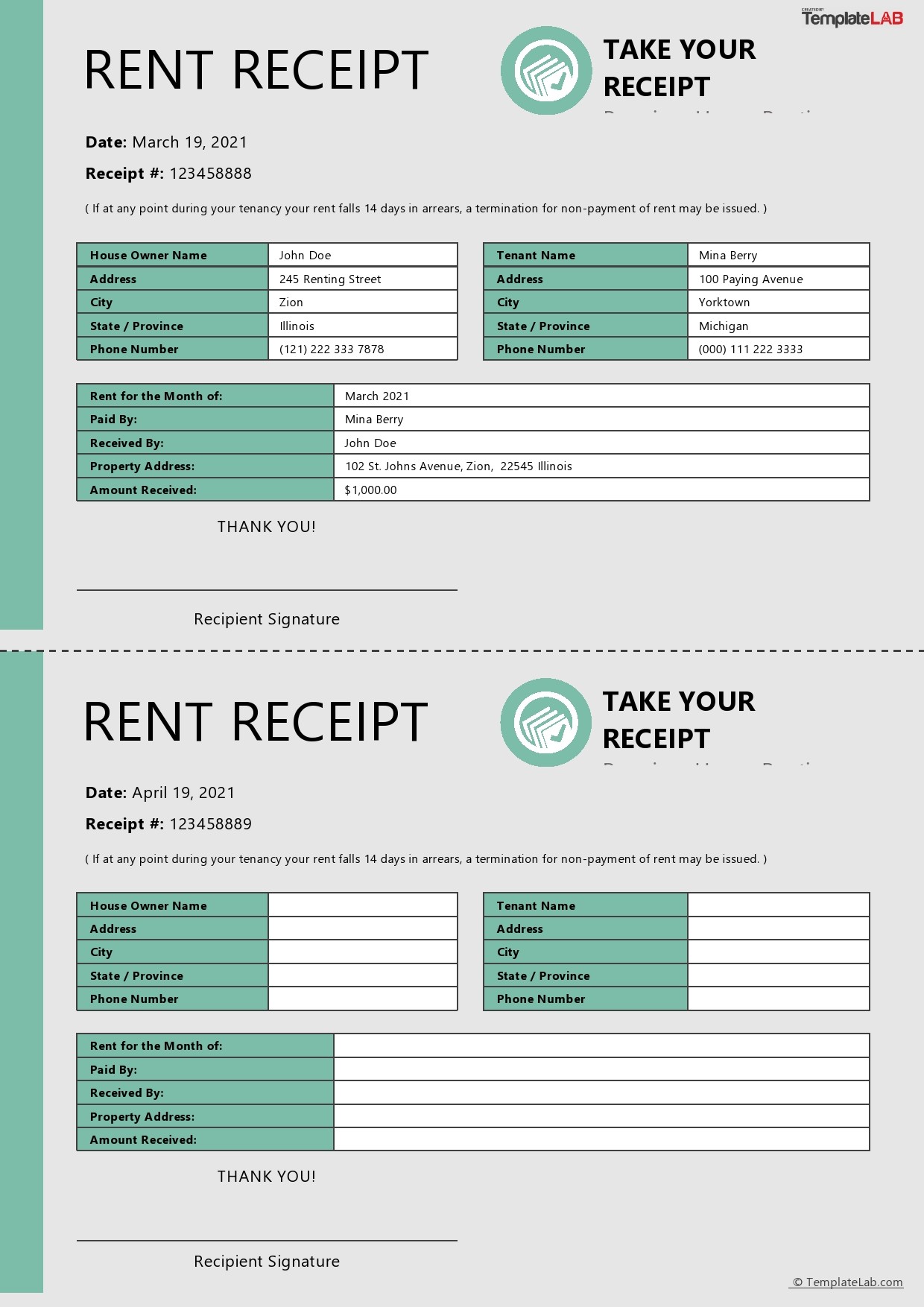 Free Rent Receipt Template 03 - TemplateLab.com