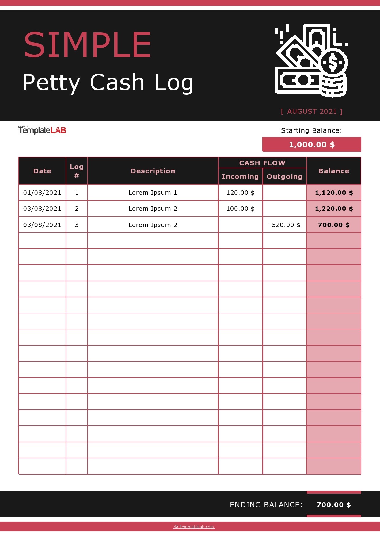 Free Simple Petty Cash Log Template - TemplateLab.com