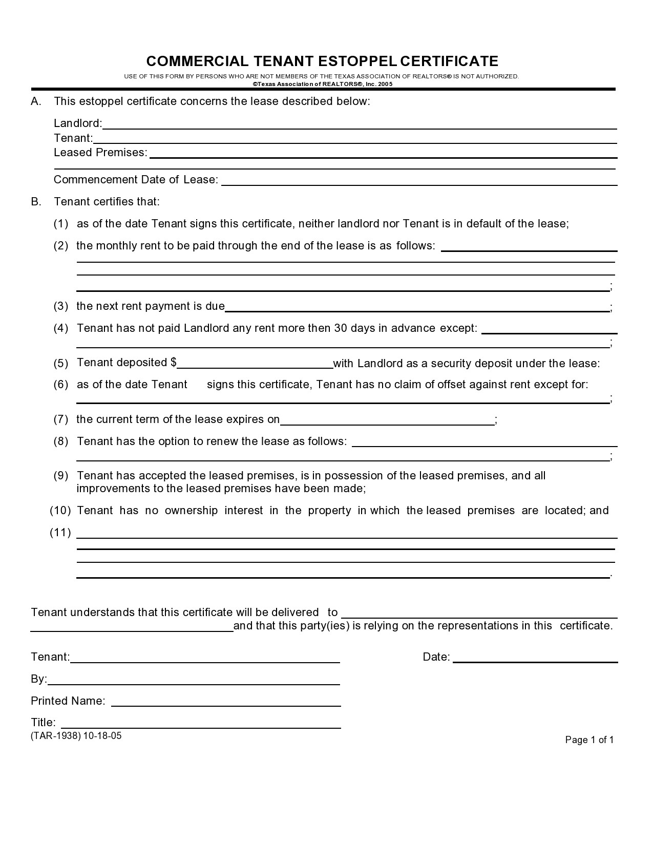 Free estoppel certificate form 09