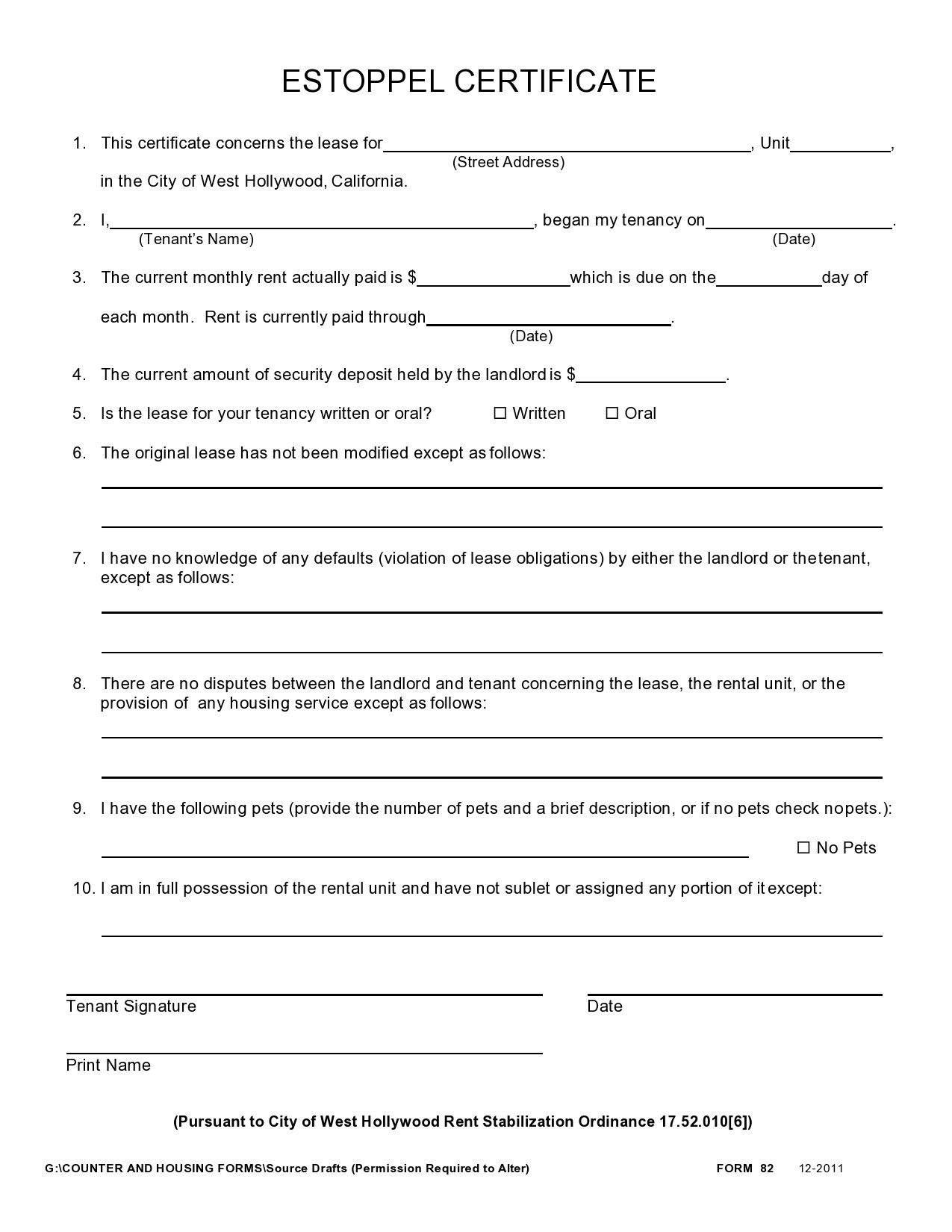 Free estoppel certificate form 15