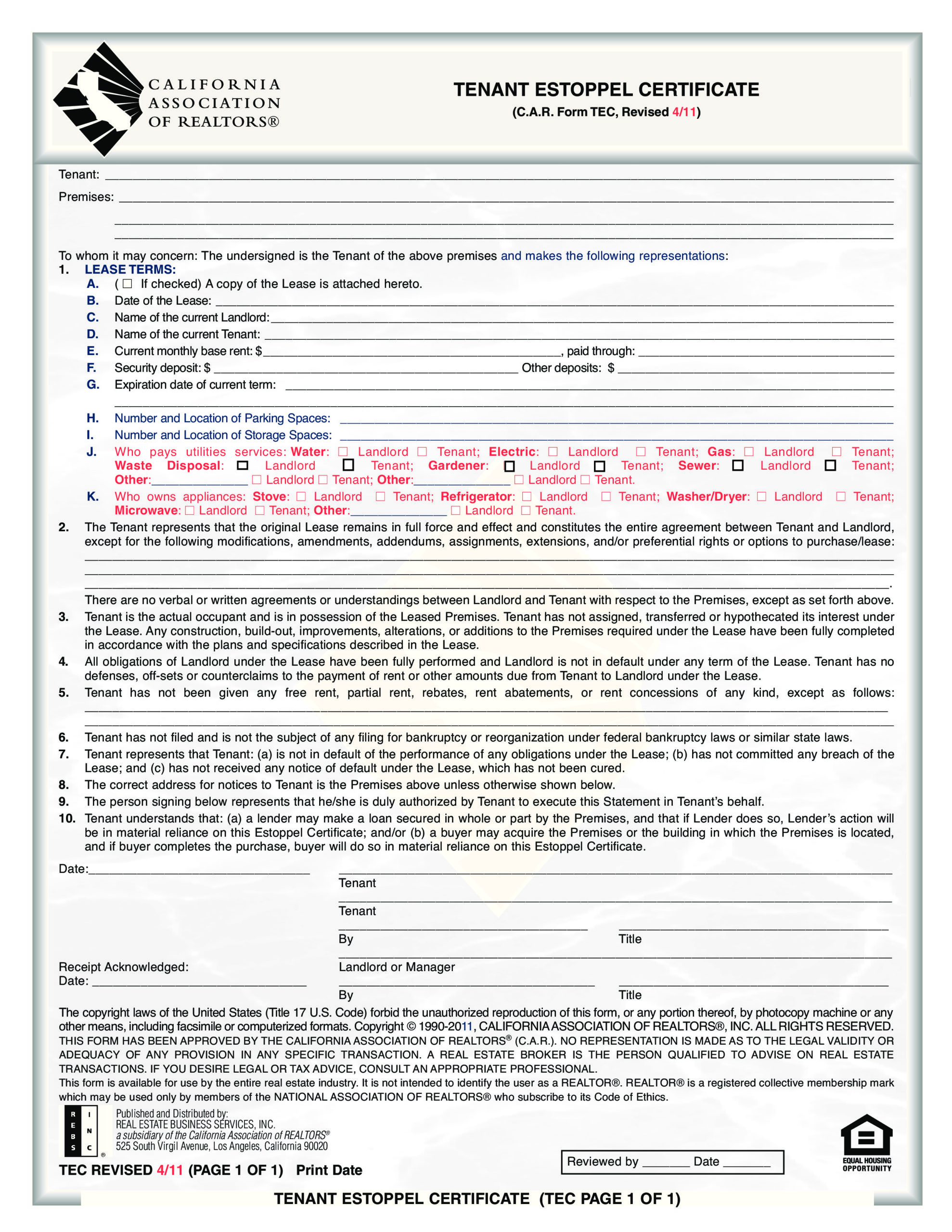 Free estoppel certificate form 25