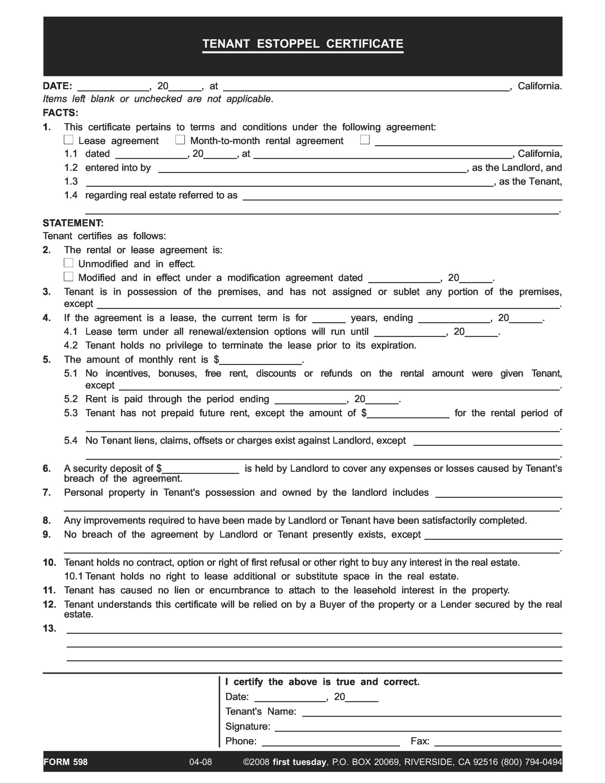 Free estoppel certificate form 30