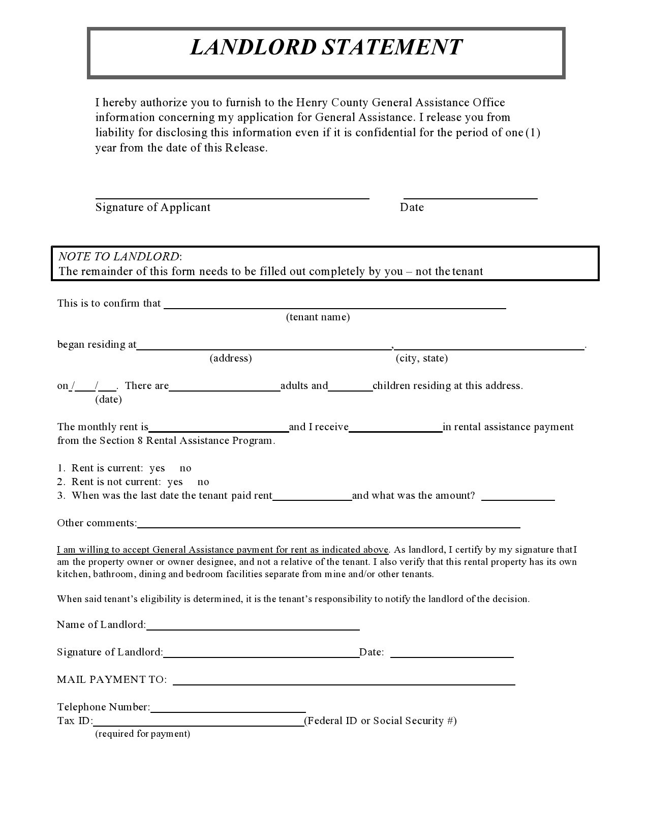 Free Printable Landlord Statement