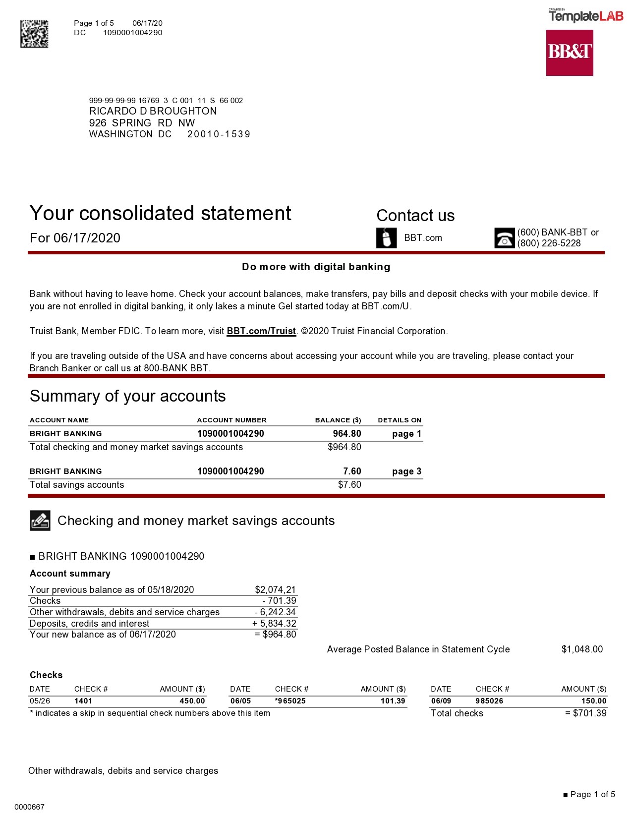 bank of america account summary letter