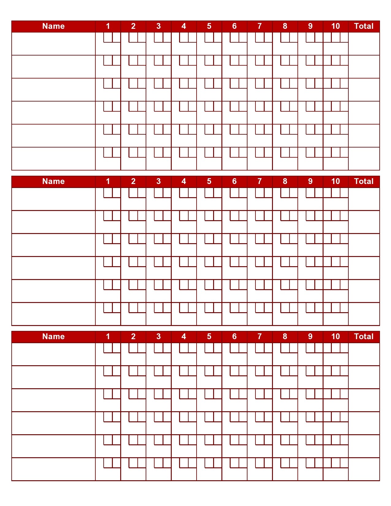 Printable Bowling Score Sheet