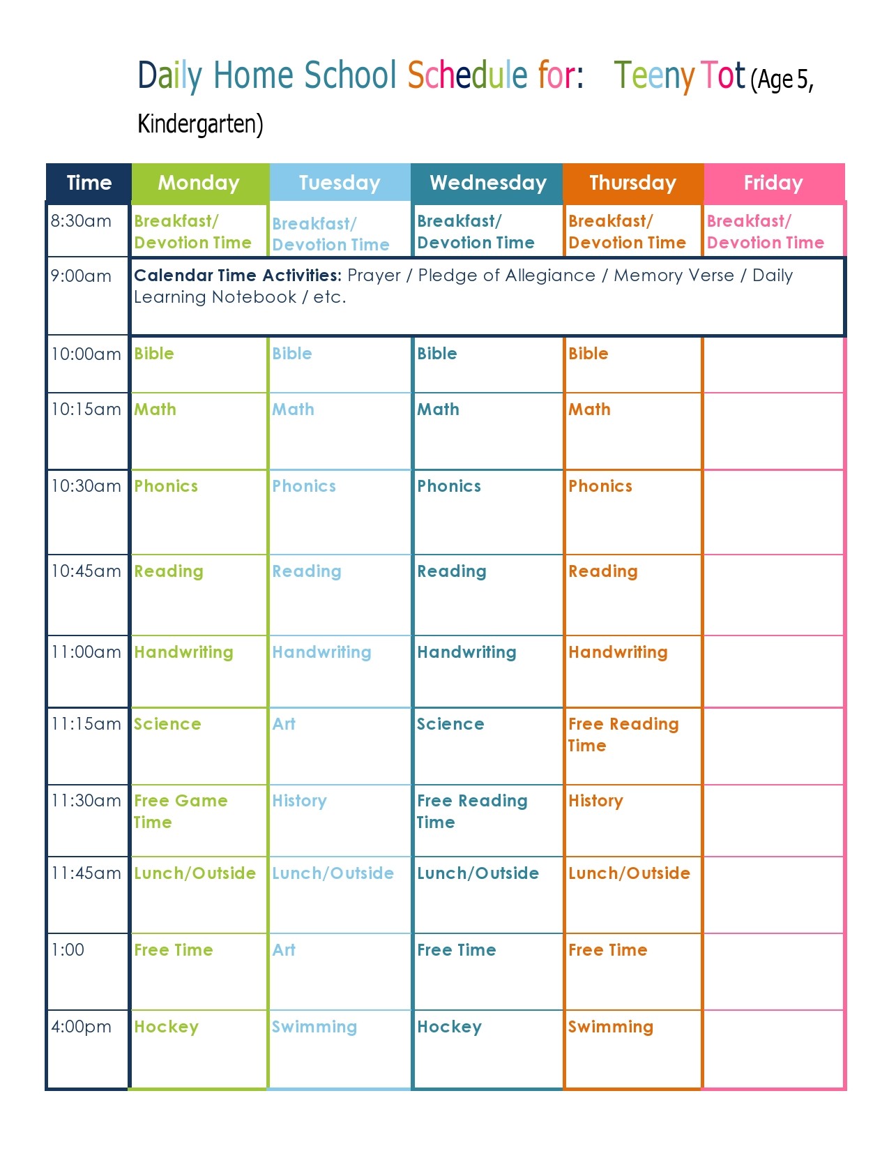 Homeschool Schedule Template 25 