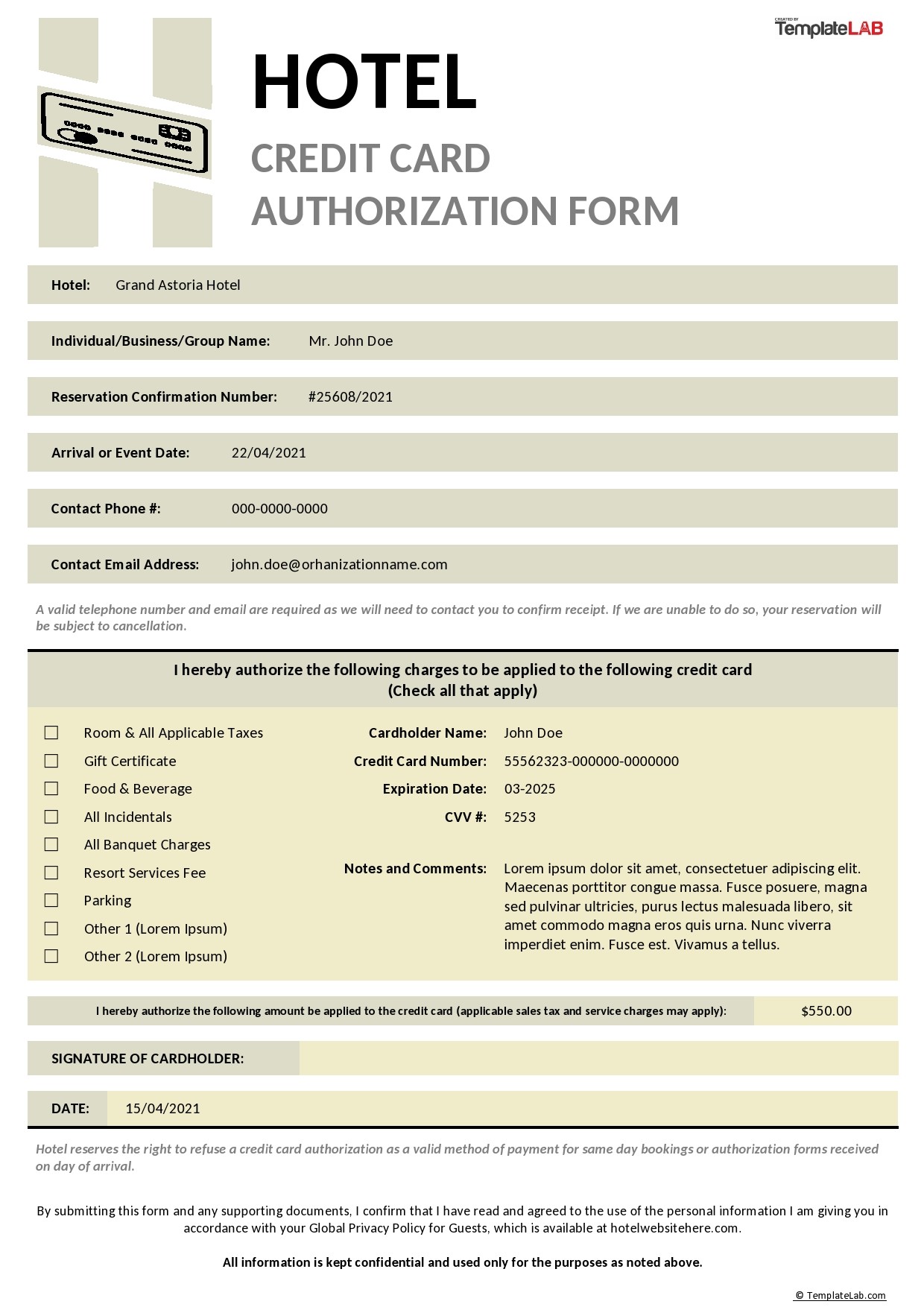 Free Hotel Credit Card Authorization Form 02 - TemplateLab.com