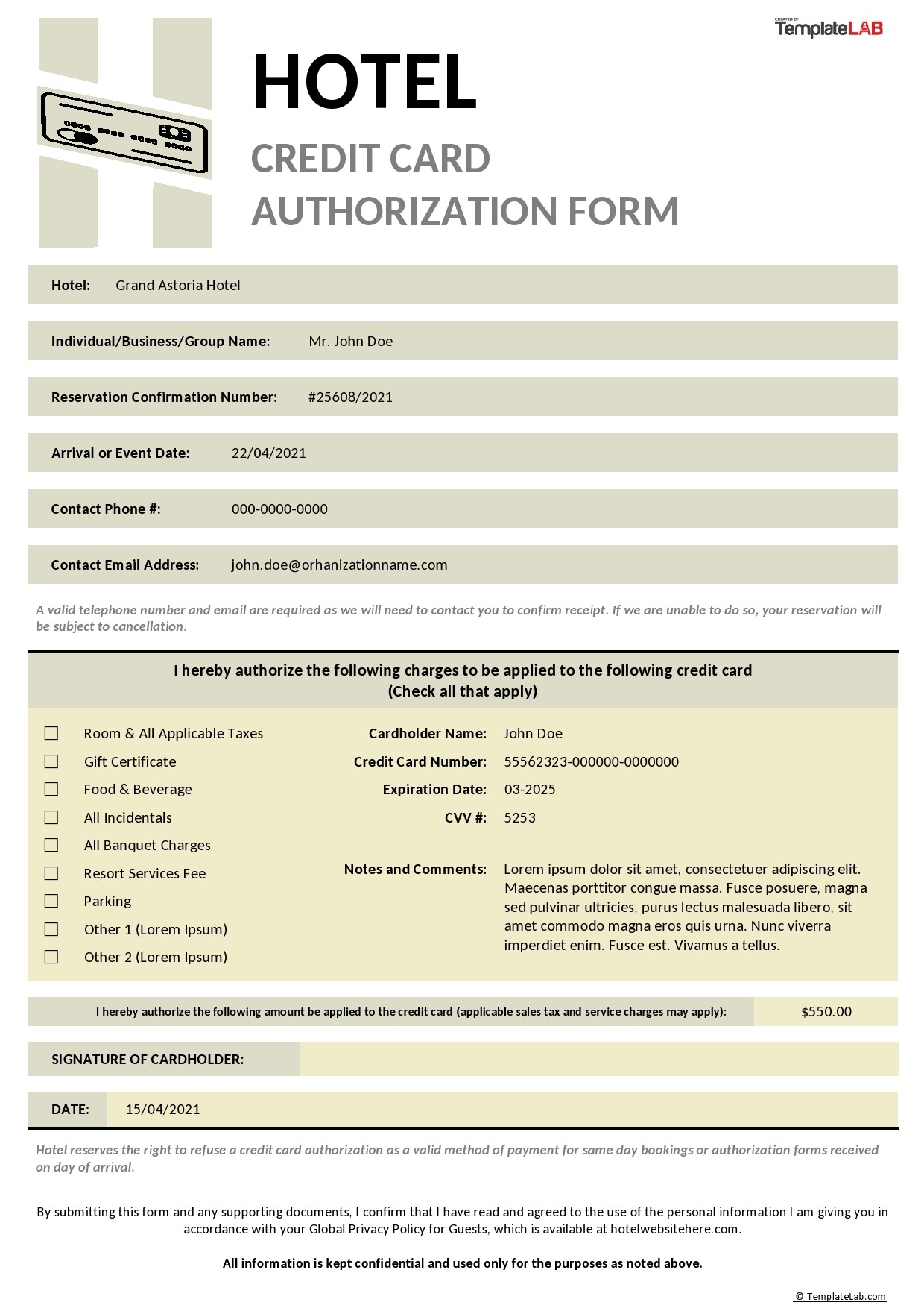 Hotel Credit Card Authorization Form Template 5684