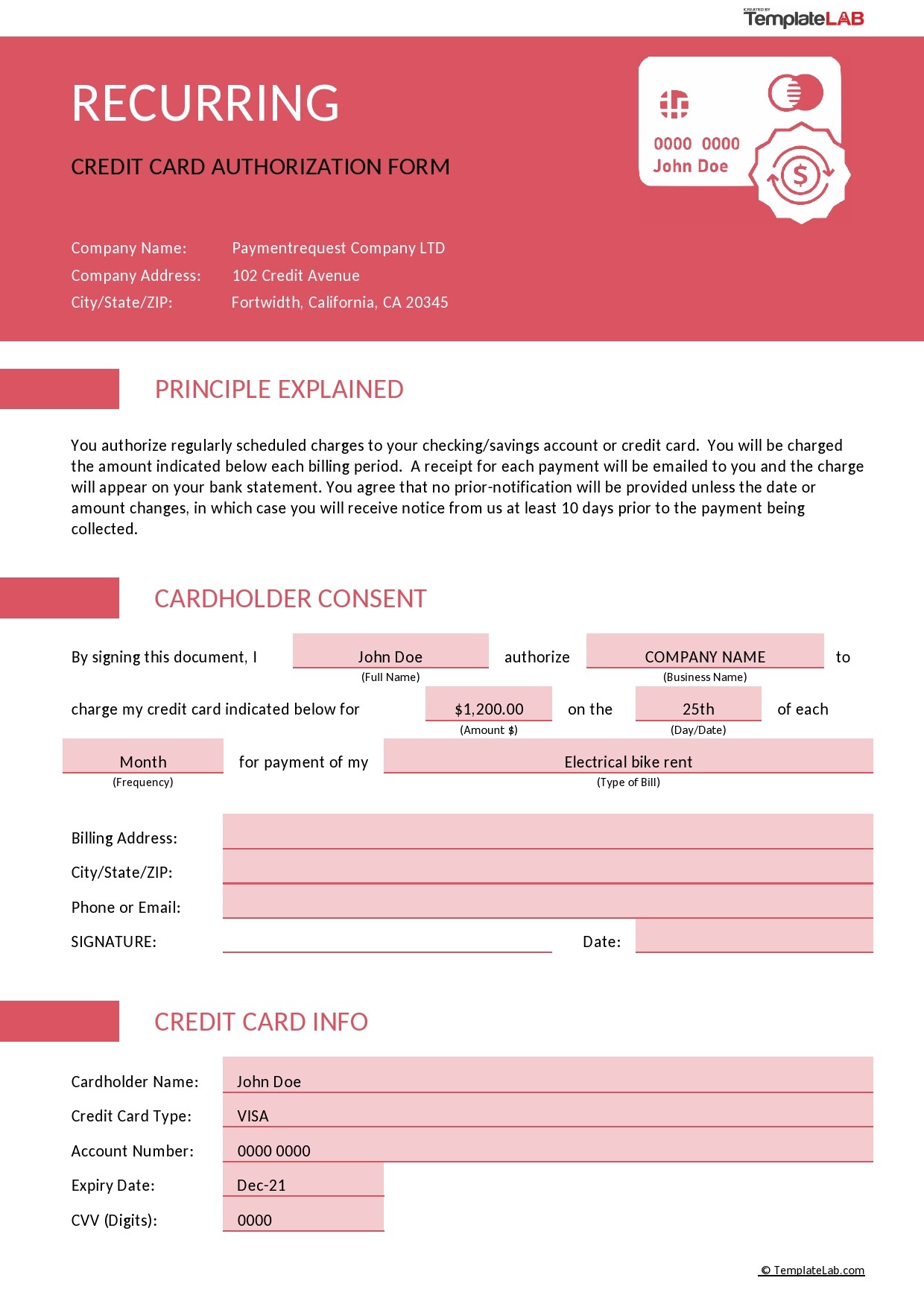 Free Recurring Credit Card Authorization Form - TemplateLab.com