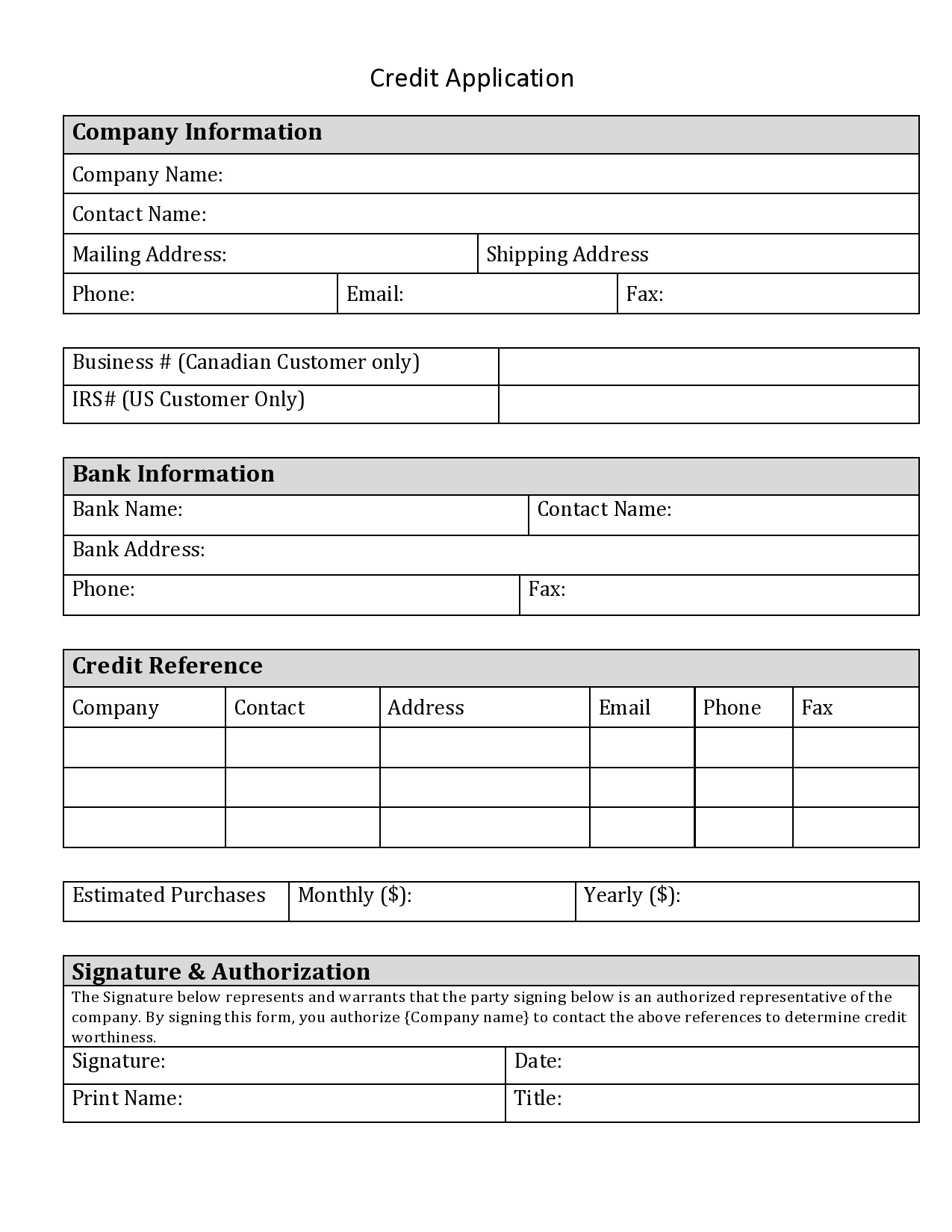 Printable Free Business Credit Application Template Word