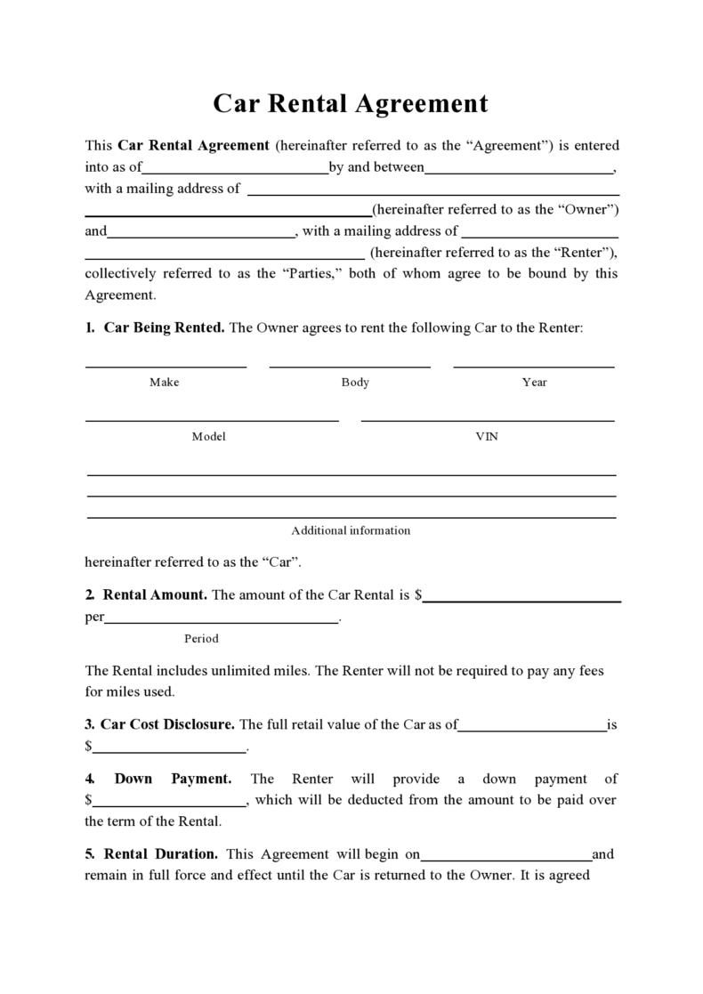 Printable Car Rental Agreement Form Pdf Printable Forms Free Online