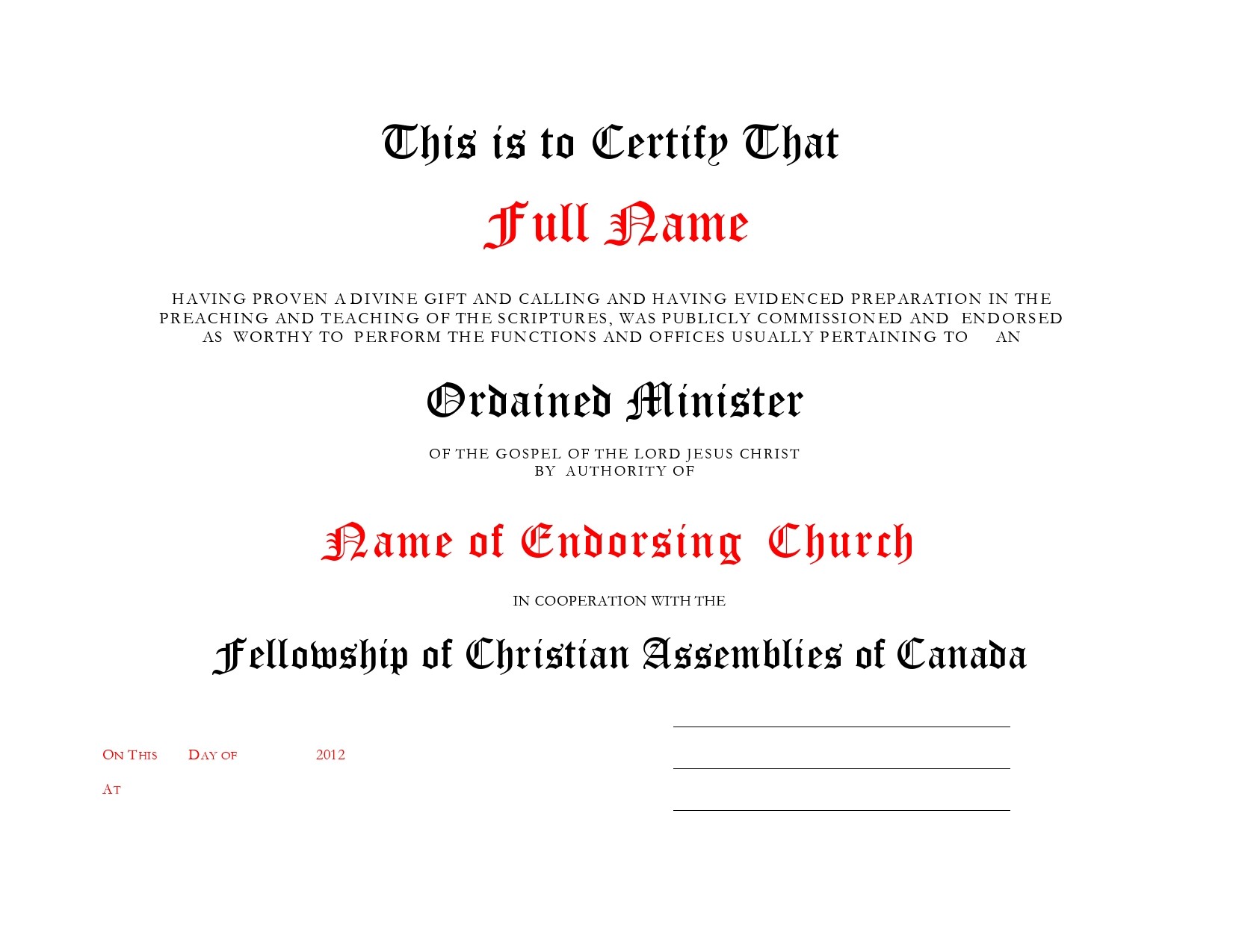 Free ordination certificate 12