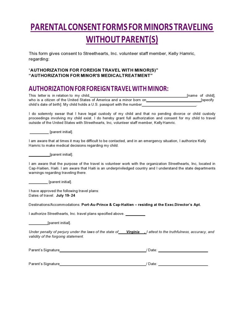 child international travel consent form australia