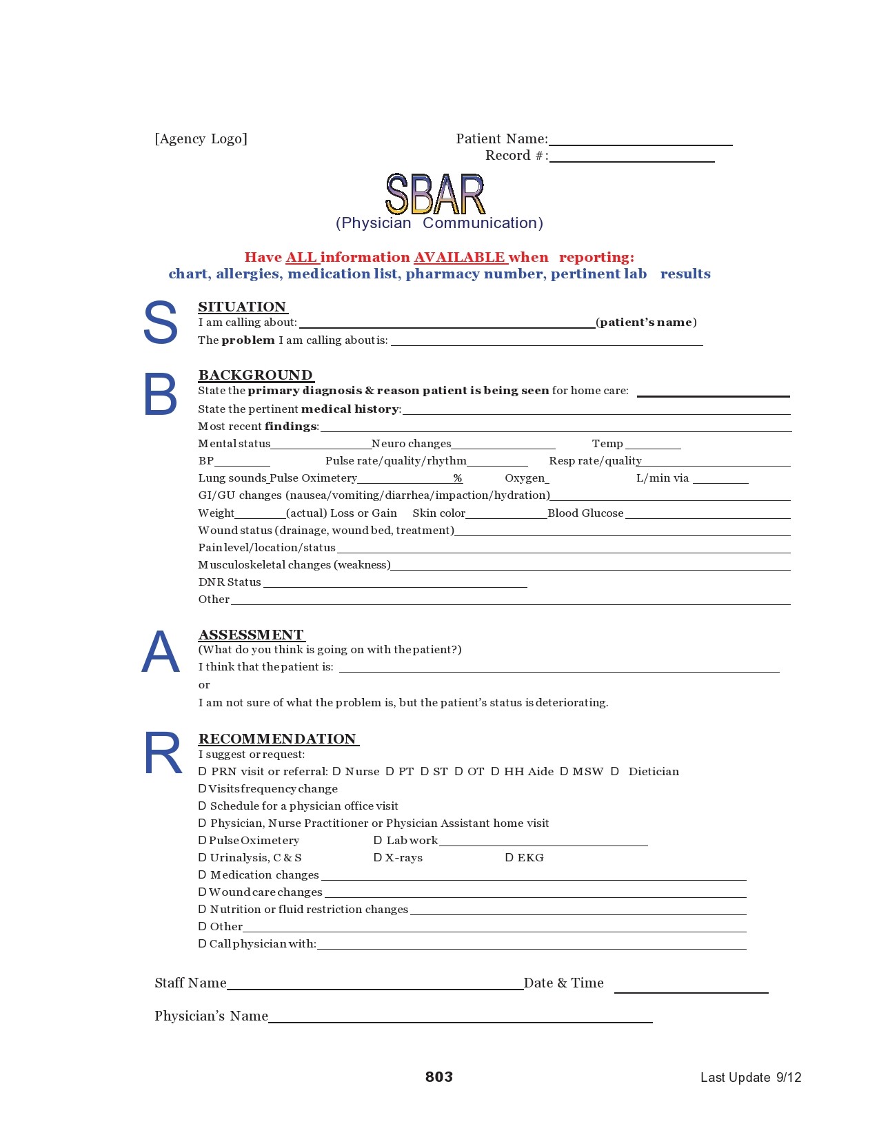 Printable Blank Sbar Template