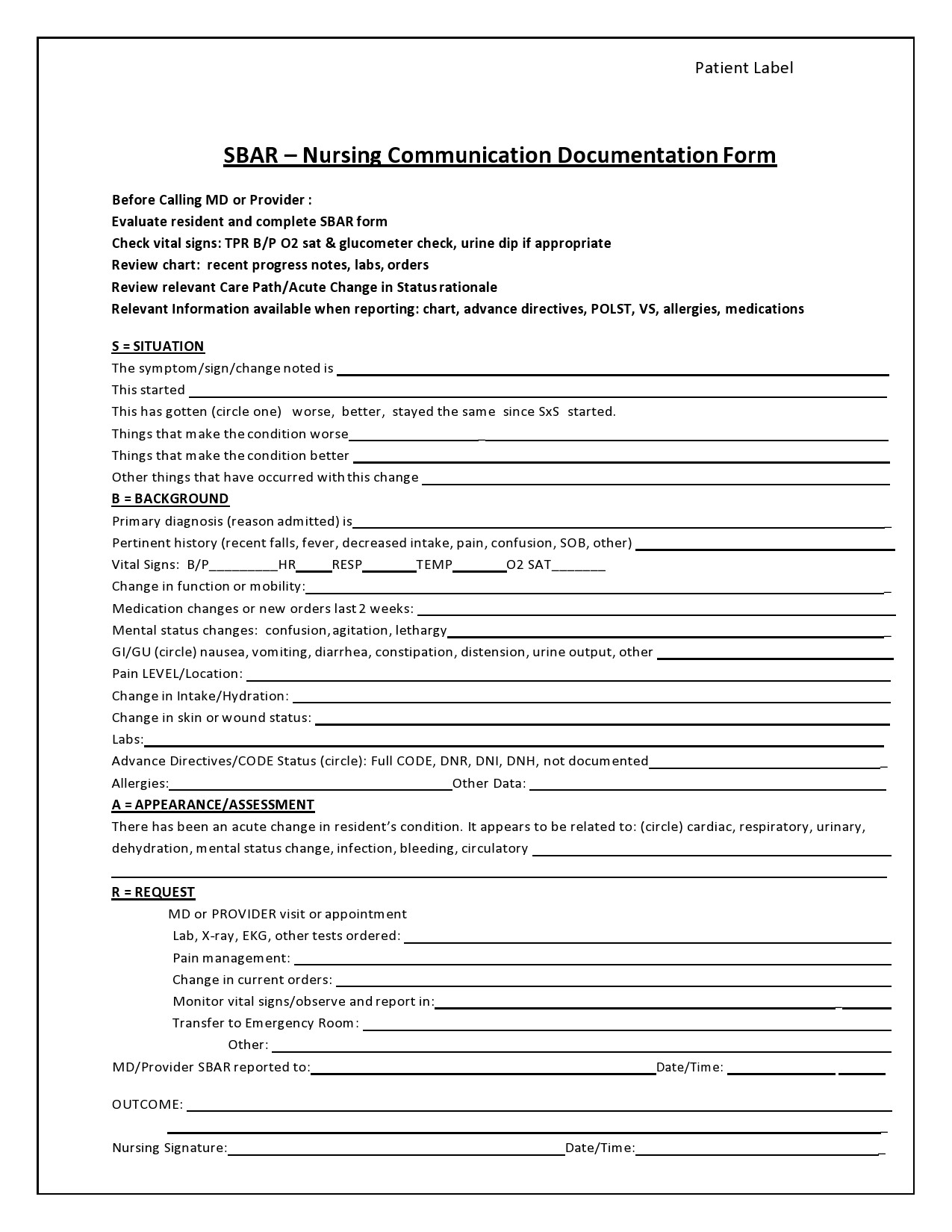 Sbar Template Word Document