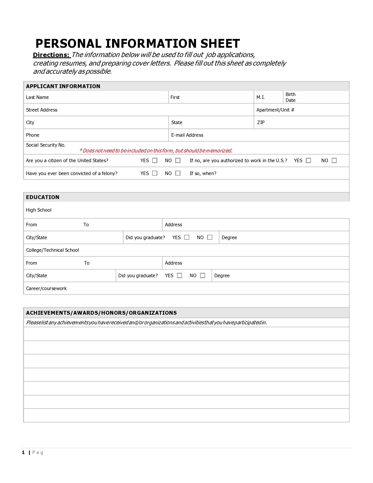 Free personal information form 01