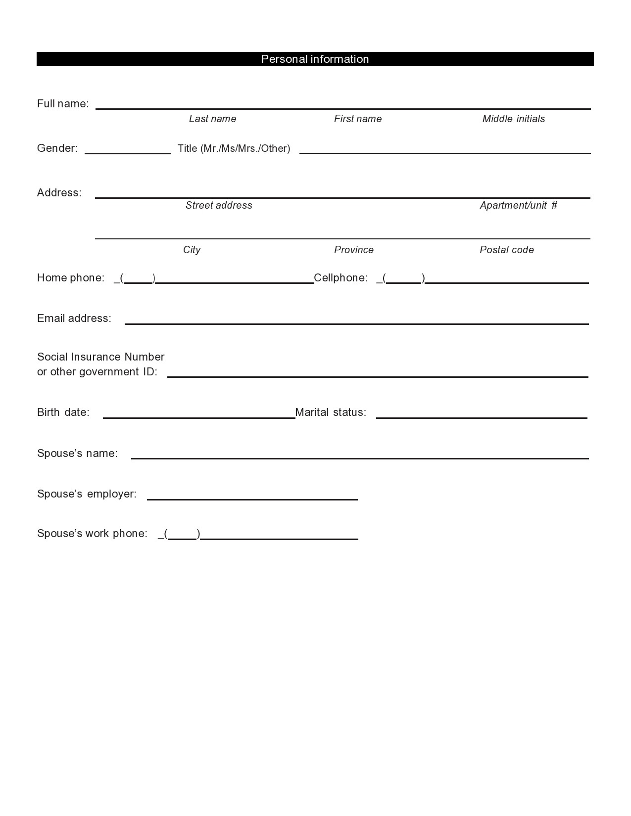 Free personal information form 12