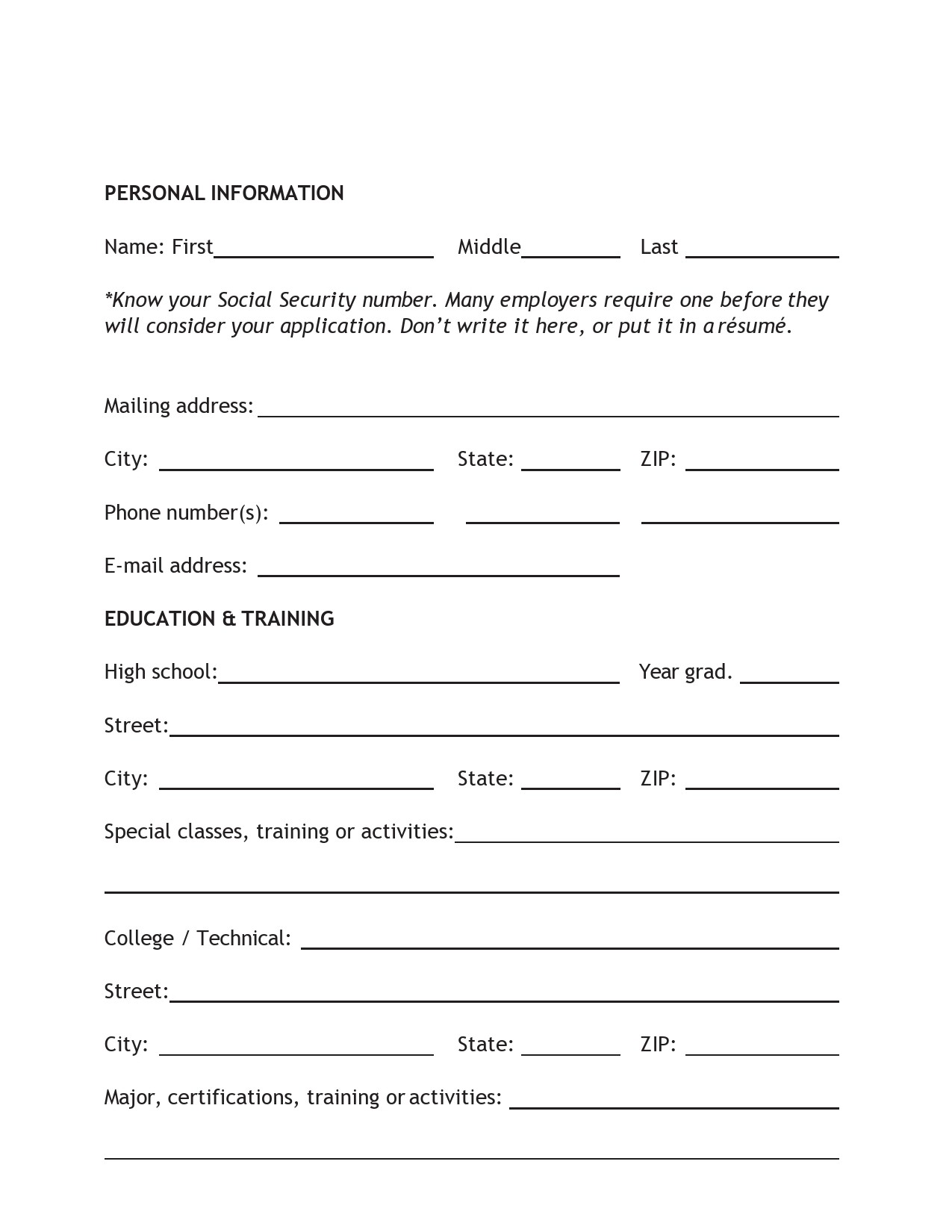 Free personal information form 18
